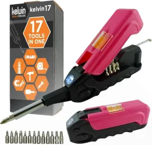 Kelvin Tools - Kelvin 17 Urban Screwdriver Set, All in One Everyday Multitool Screwdriver, Multi-Tip, Compact & Universal Precision, 13 Bit Set with Tape Measure, Liquid Level, Hammer and Flashlight
