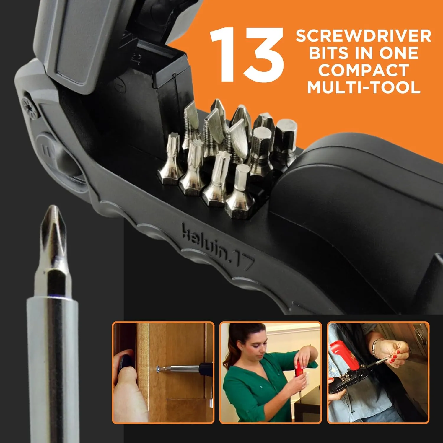 Kelvin Tools - Kelvin 17 Urban Screwdriver Set, All in One Everyday Multitool Screwdriver, Multi-Tip, Compact & Universal Precision, 13 Bit Set with Tape Measure, Liquid Level, Hammer and Flashlight