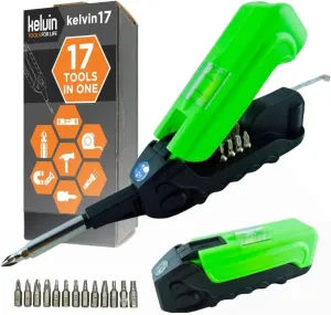 Kelvin Tools - Kelvin 17 Urban Screwdriver Set, All in One Everyday Multitool Screwdriver, Multi-Tip, Compact & Universal Precision, 13 Bit Set with Tape Measure, Liquid Level, Hammer and Flashlight