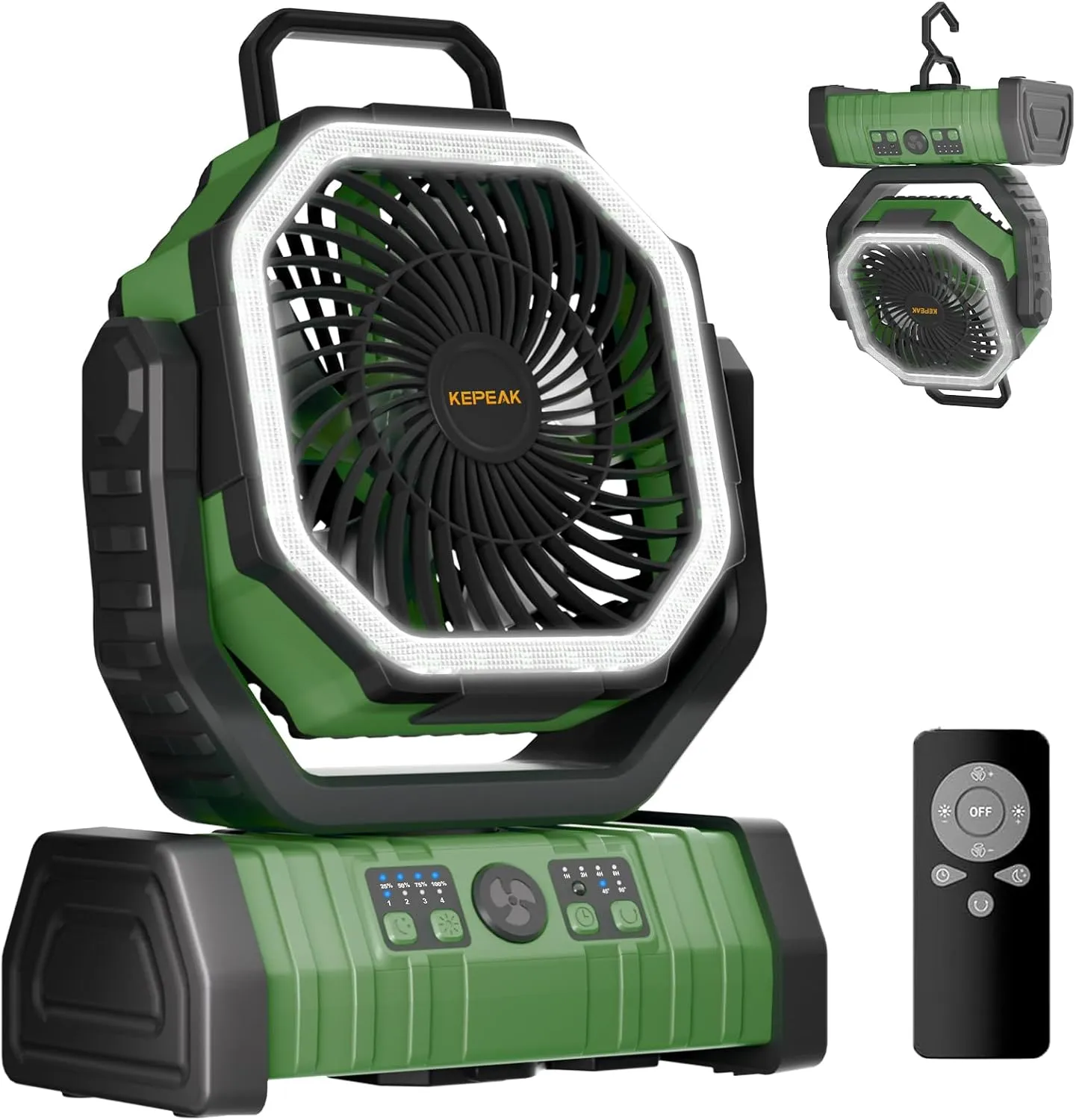 KEPEAK Rechargeable Camping Fan with LED Light, 20000Ah Battery Operated Powered Fan, 72H Runtime, Remote Control, 5.3m Airflow, Ultra-Quiet Portable Fan for Tents, Outdoor, Camping(Green)