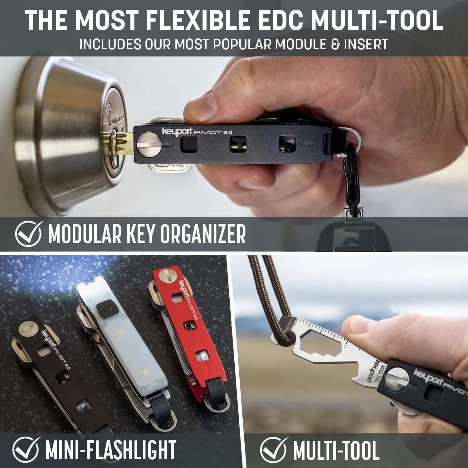 Keyport Pivot 2.0 Essential Plus Kit - Premium Key Organizer   Keychain Flashlight   Bottle Opener Multitool   Lost & Found ALL-IN-ONE | Modern Key Holder | Multi-Tool Keychain | Aluminum (Black)