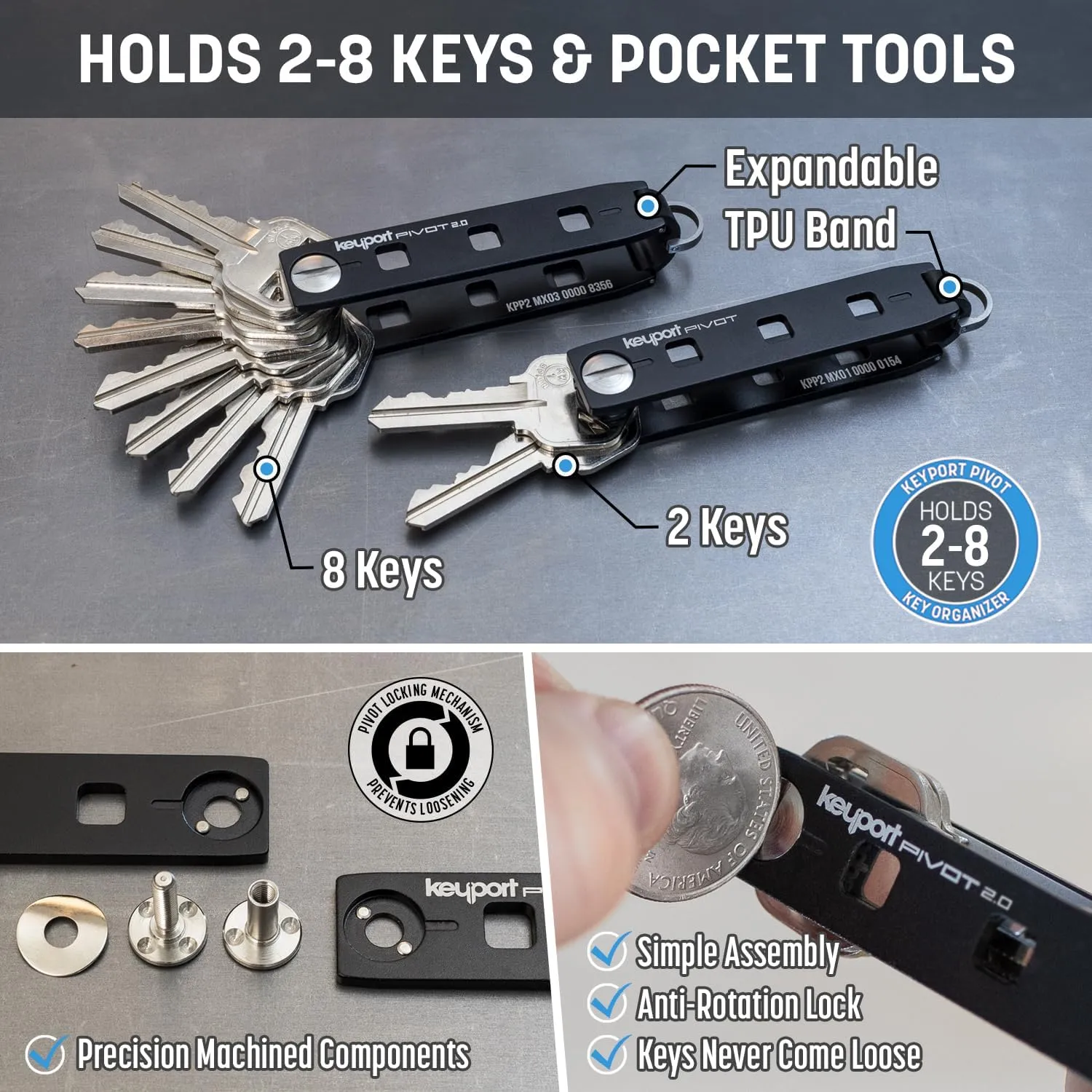Keyport Pivot 2.0 Essential Plus Kit - Premium Key Organizer   Keychain Flashlight   Bottle Opener Multitool   Lost & Found ALL-IN-ONE | Modern Key Holder | Multi-Tool Keychain | Aluminum (Black)