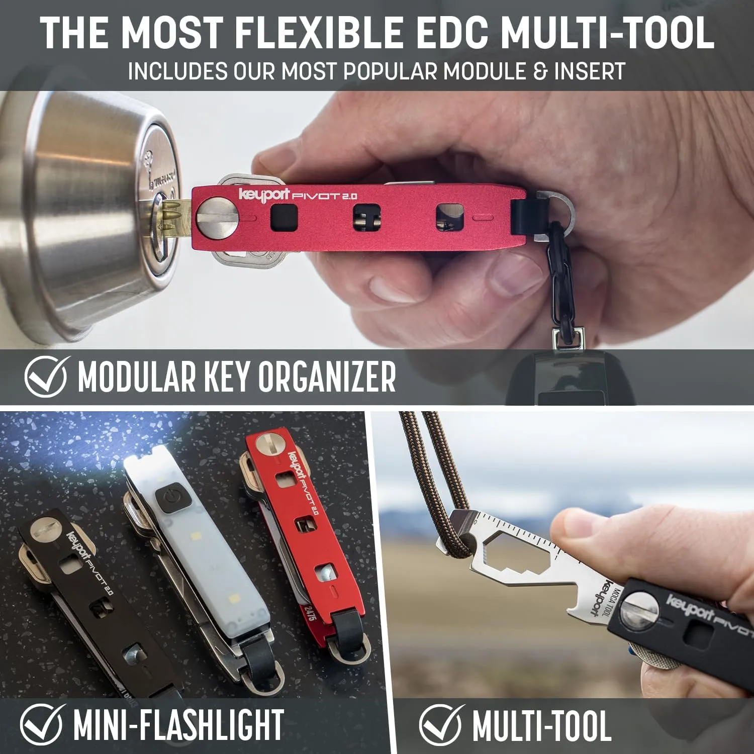 Keyport Pivot 2.0 Essential Plus Kit - Premium Key Organizer   Keychain Flashlight   Bottle Opener Multitool   Lost & Found ALL-IN-ONE | Modern Key Holder | Multi-Tool Keychain | Aluminum (Red)