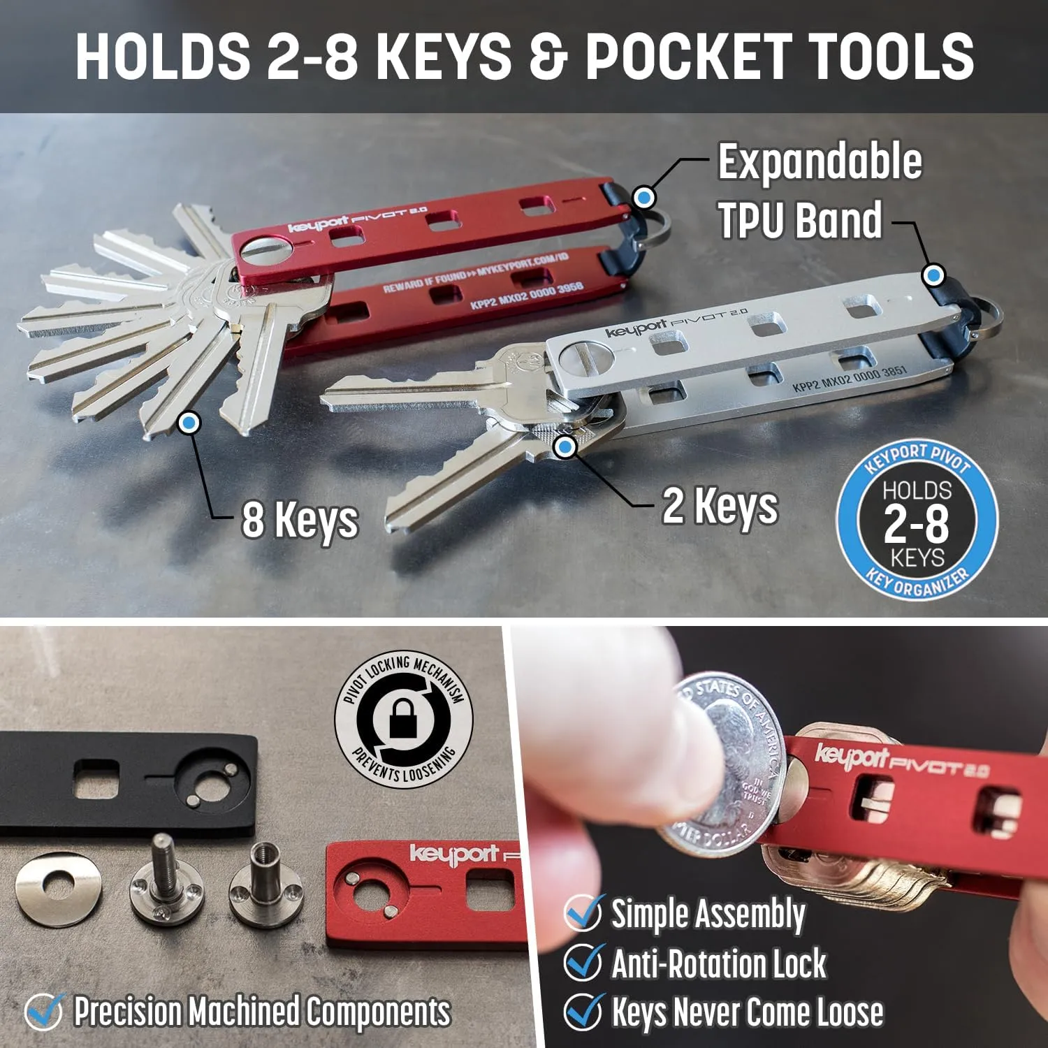 Keyport Pivot 2.0 Essential Plus Kit - Premium Key Organizer   Keychain Flashlight   Bottle Opener Multitool   Lost & Found ALL-IN-ONE | Modern Key Holder | Multi-Tool Keychain | Aluminum (Red)