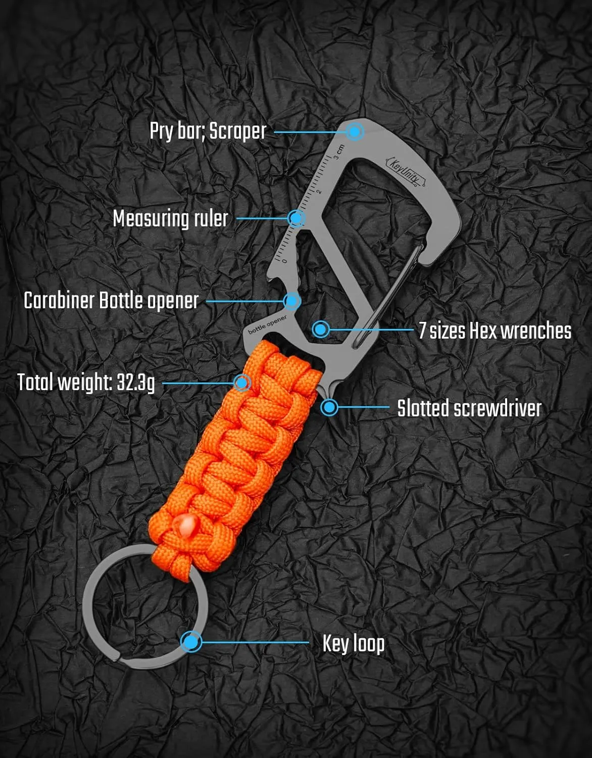 KeyUnity KC00 Paracord Keychain Carabiner Clip, 550 Parachute Lanyard Multitool for Outdoor, Backpacks, Men & Women