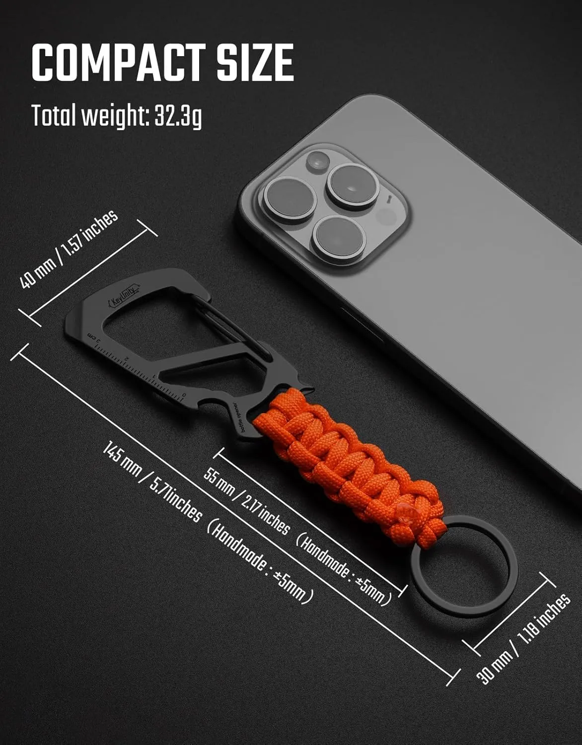 KeyUnity KC00 Paracord Keychain Carabiner Clip, 550 Parachute Lanyard Multitool for Outdoor, Backpacks, Men & Women