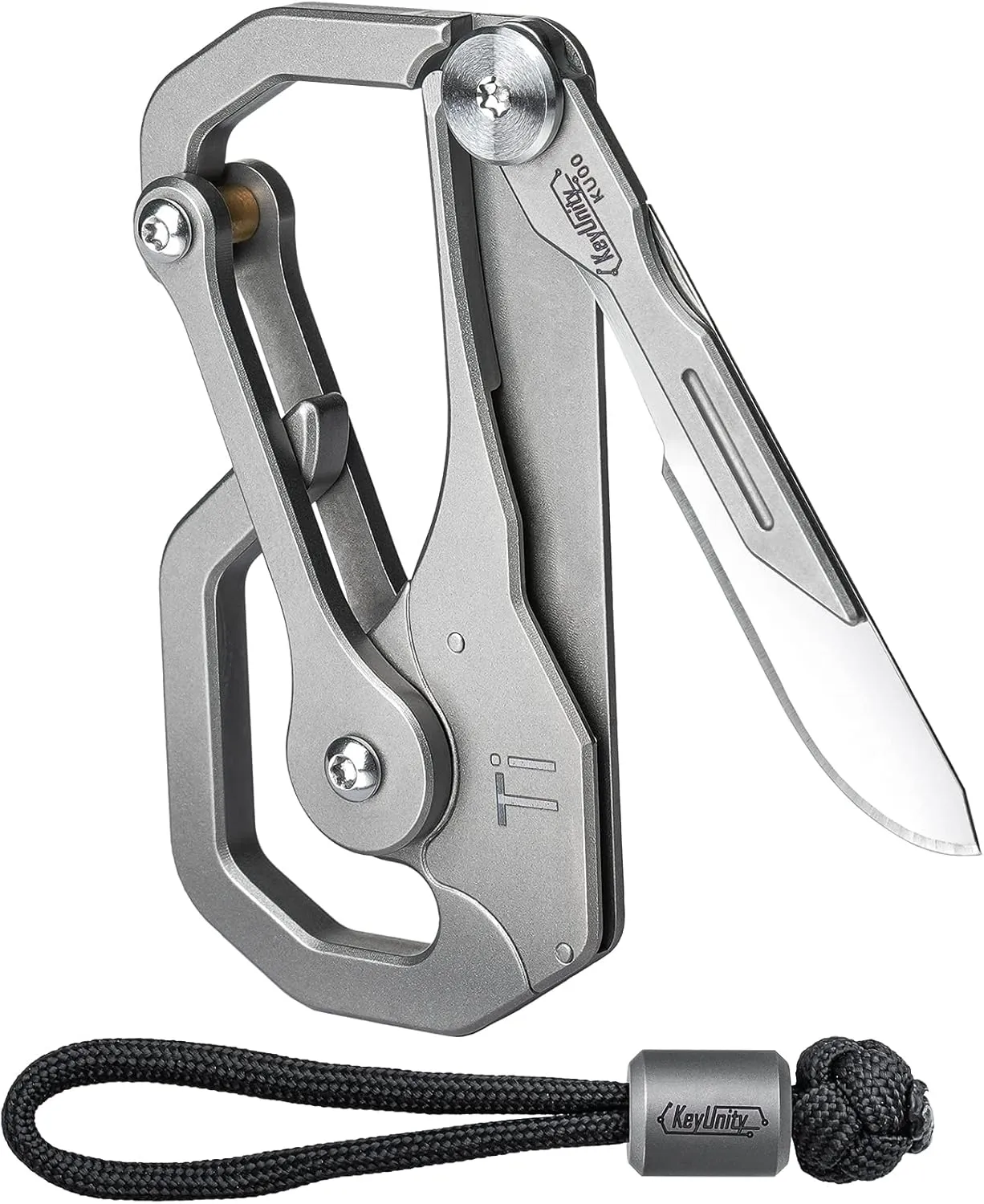 KeyUnity KU00 Titanium Quickdraw Carabiner with Folding Knife, B Shaped EDC Multifunctional Keychain with 2 Inch Ruler, Palm Sized Lightweight Stainless Body Perfect for Home/Office/Camping