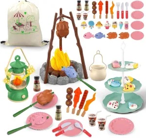 Kids Camping Toys Pretend Play Camping Set 50 PCS with Food Toy,Outdoor Campfire Toys for Kids 3-5 Birthday for Boys Girls 3 4 5 6  Year Old
