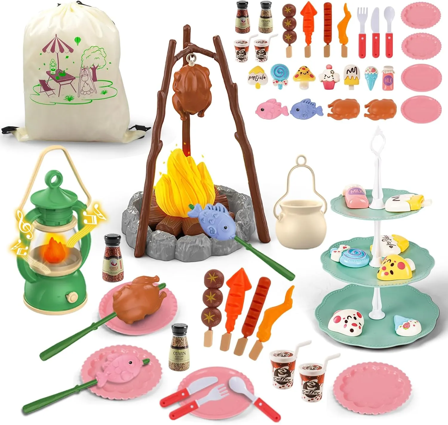 Kids Camping Toys Pretend Play Camping Set 50 PCS with Food Toy,Outdoor Campfire Toys for Kids 3-5 Birthday for Boys Girls 3 4 5 6  Year Old