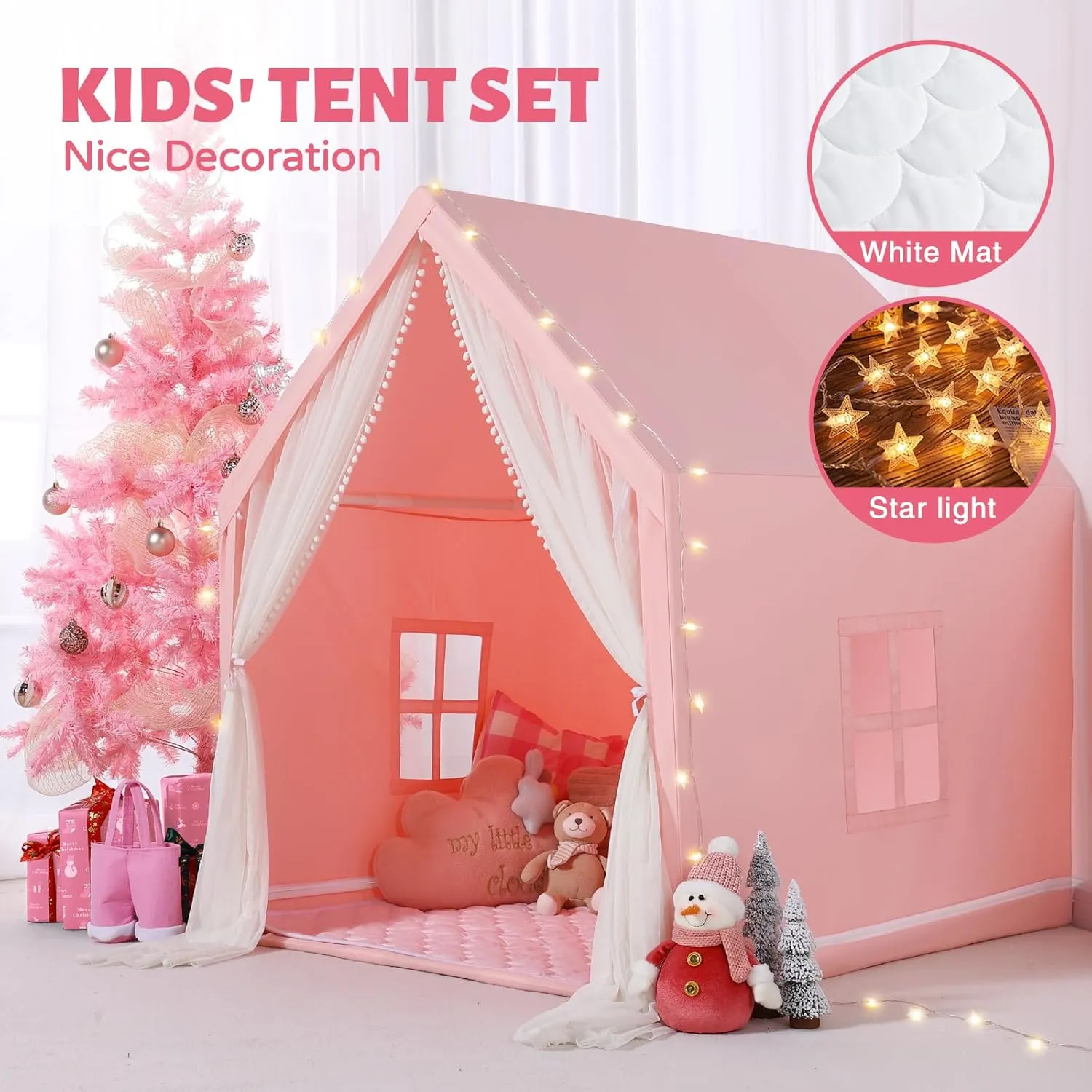 Kids Tent Indoor for Toddlers: with Mat, Star Lights - Kids Playhouse Indoor for Toddler - Tent for Kids Teepee Tent for Inside Girls Boys Play House Birthday Gift Playroom Toys