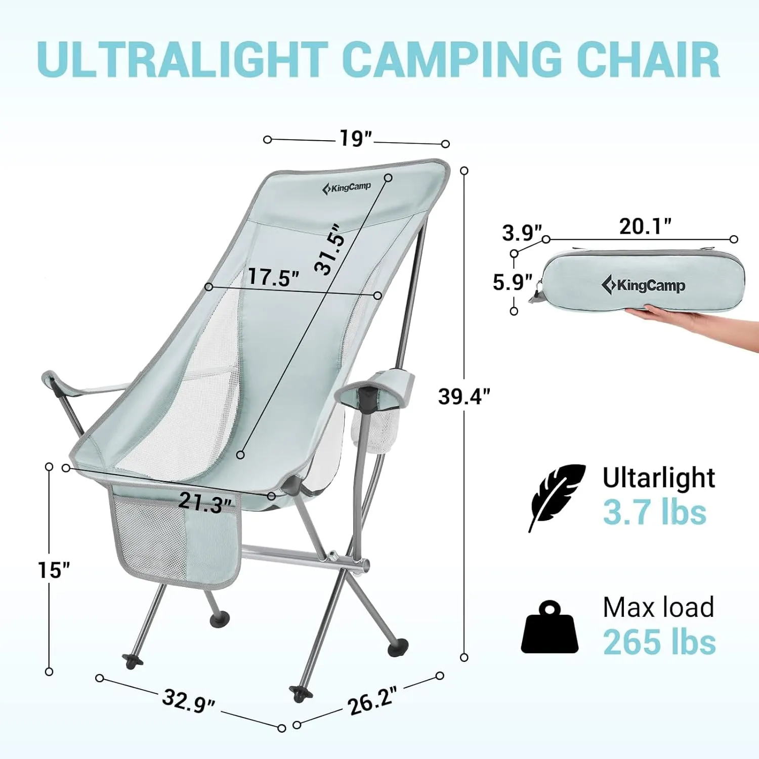 KingCamp 2 Pack Lightweight High Back Camping Chair Compact Folding Backpacking Chair with Headrest & Side Pocket & Carry Bag, Heavy Duty 330lbs, Only 3.2 lbs for Traveling, Picnic, Fishing