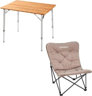 KingCamp Bamboo Folding Table & Padded Oversized Camping Chair Super Comfort Butterfly Back Folding Chair