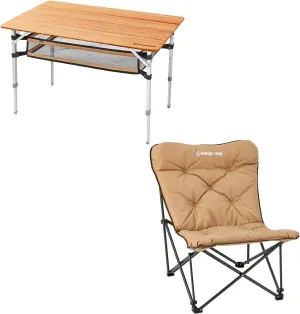 KingCamp Bamboo Folding Table with Storage Mesh Layer & Padded Oversized Camping Chair