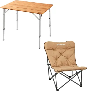 KingCamp Bamboo Folding Table& Padded Oversized Camping Chair Super Comfort Butterfly Back Folding Chair