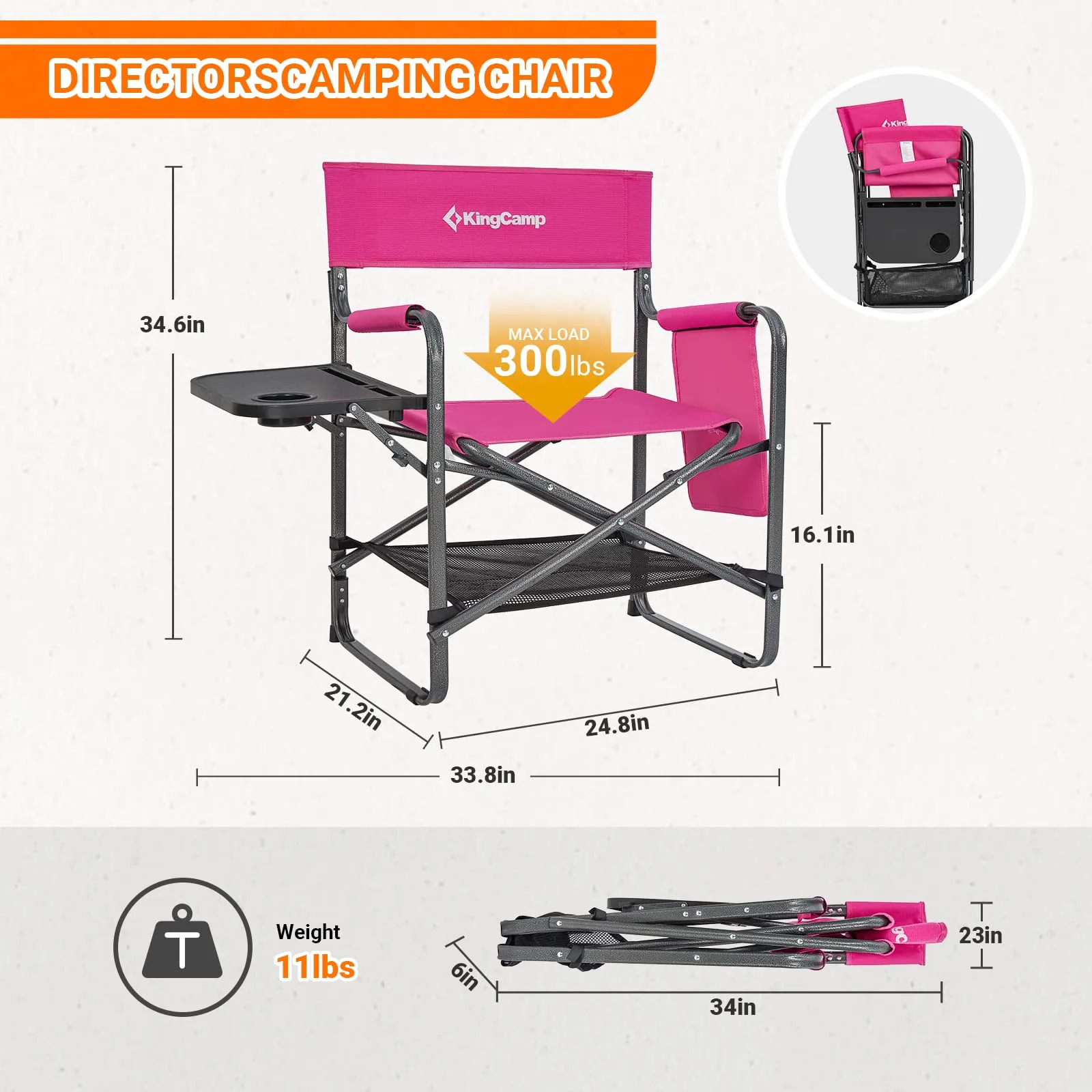 KingCamp Camping Directors Chairs with Side Table and Storage Pockets
