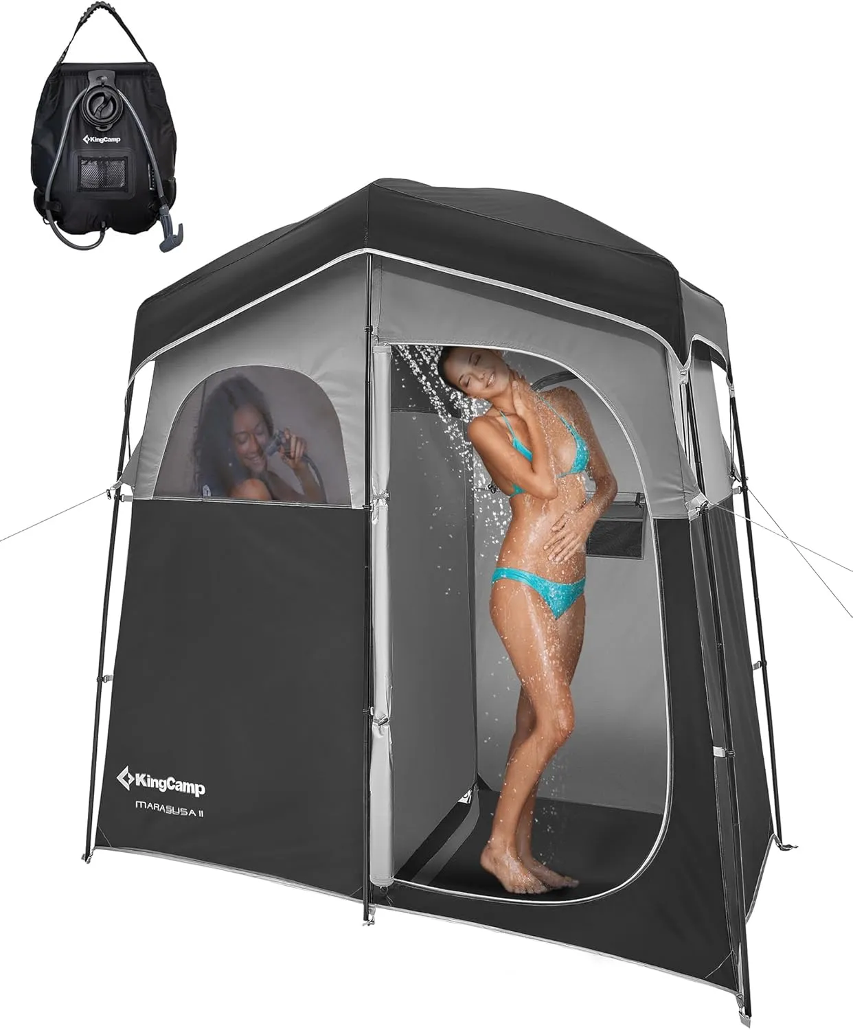 KingCamp Camping Shower Tent, Portable Outdoor Privacy Toilet & Changing Tent Windproof & Waterproof Easy Setup 1 or 2 Room Shelter with Shower Bag for Camping Hiking Beach