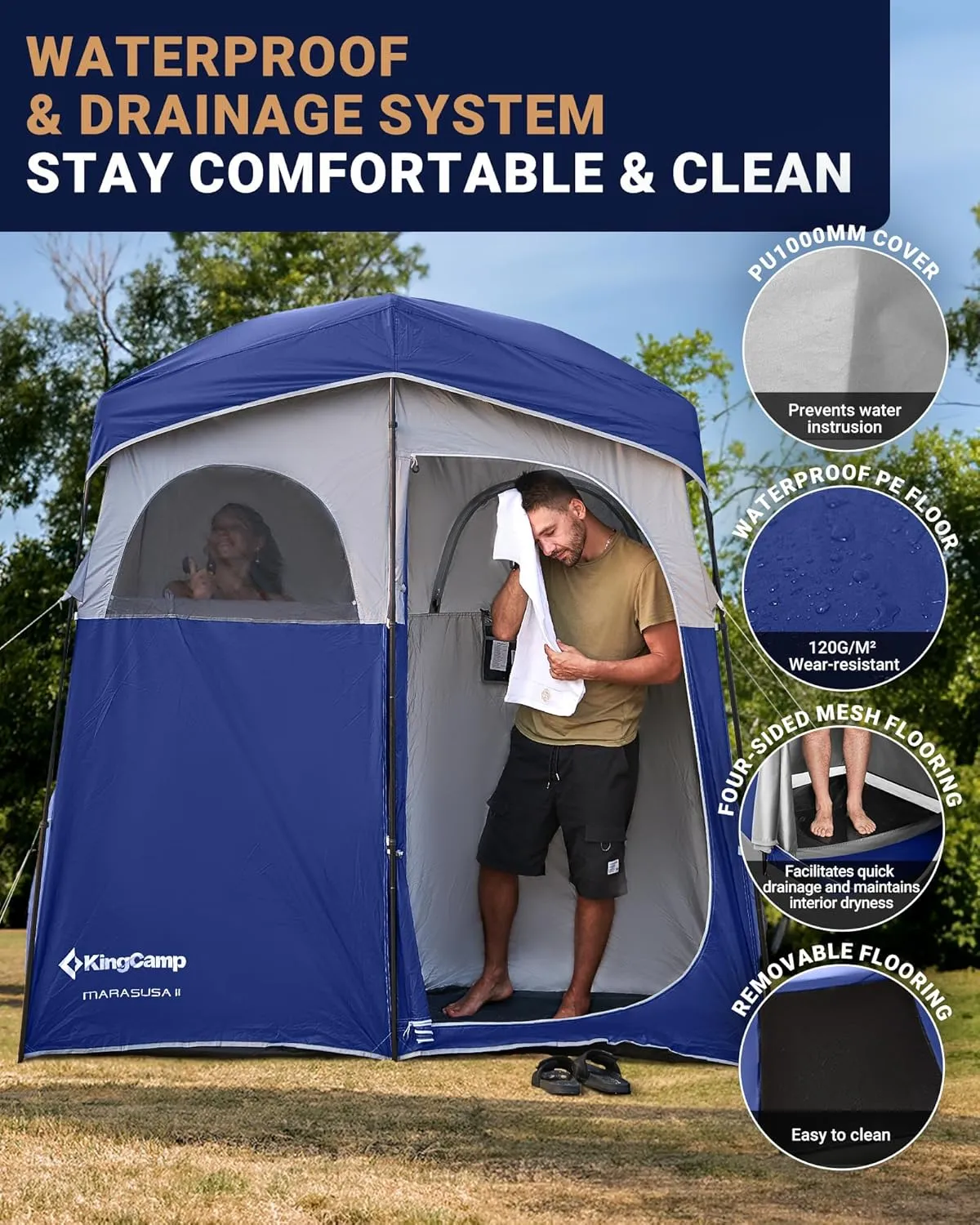 KingCamp Camping Shower Tent, Portable Outdoor Privacy Toilet & Changing Tent Windproof & Waterproof Easy Setup 1 or 2 Room Shelter with Shower Bag for Camping Hiking Beach