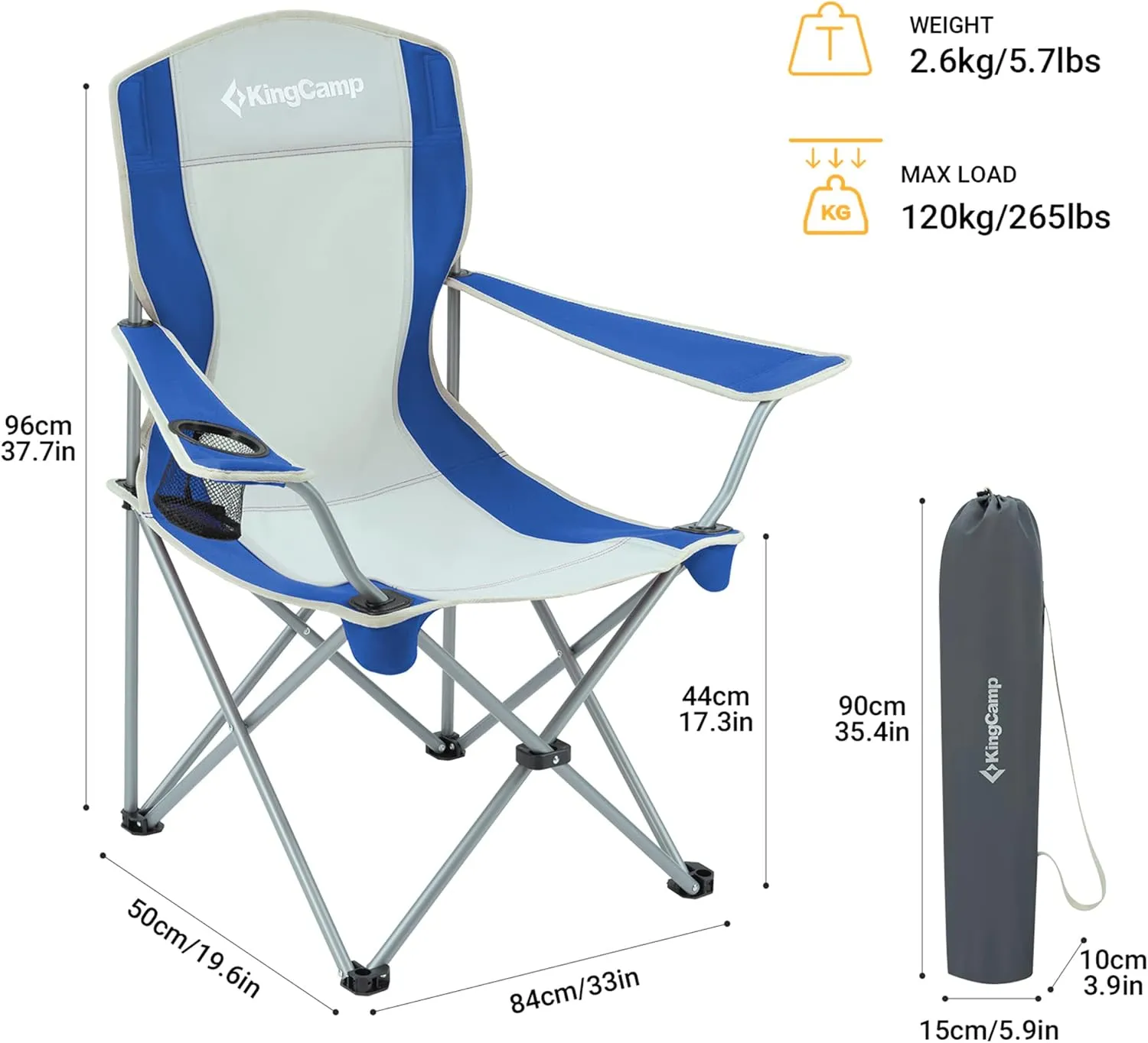 KingCamp Lightweight Folding Outdoor Lounge Chair with Cupholder and Adjustable Armrests for Camping, Sporting Events, or Tailgating, Blue/Grey