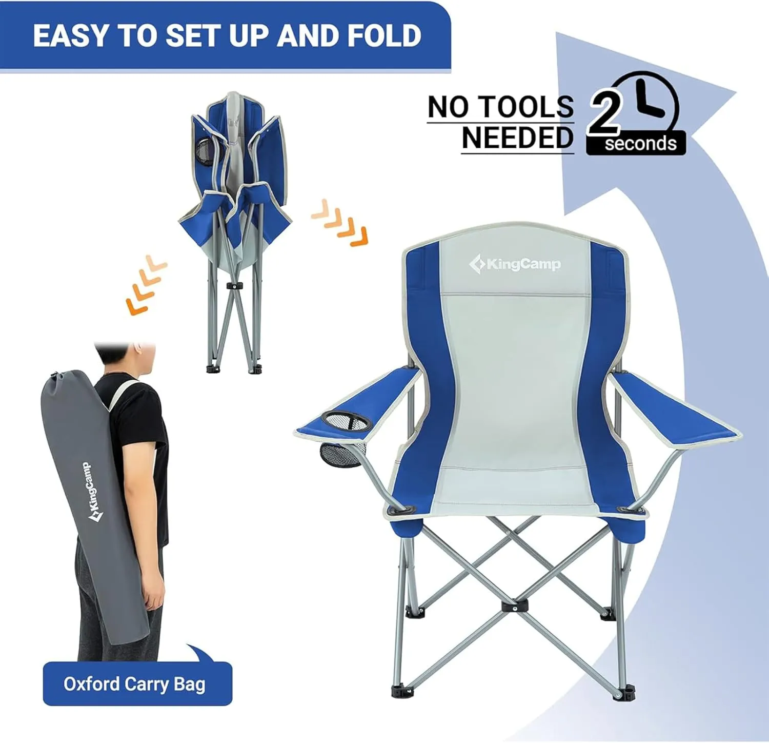 KingCamp Lightweight Folding Outdoor Lounge Chair with Cupholder and Adjustable Armrests for Camping, Sporting Events, or Tailgating, Blue/Grey