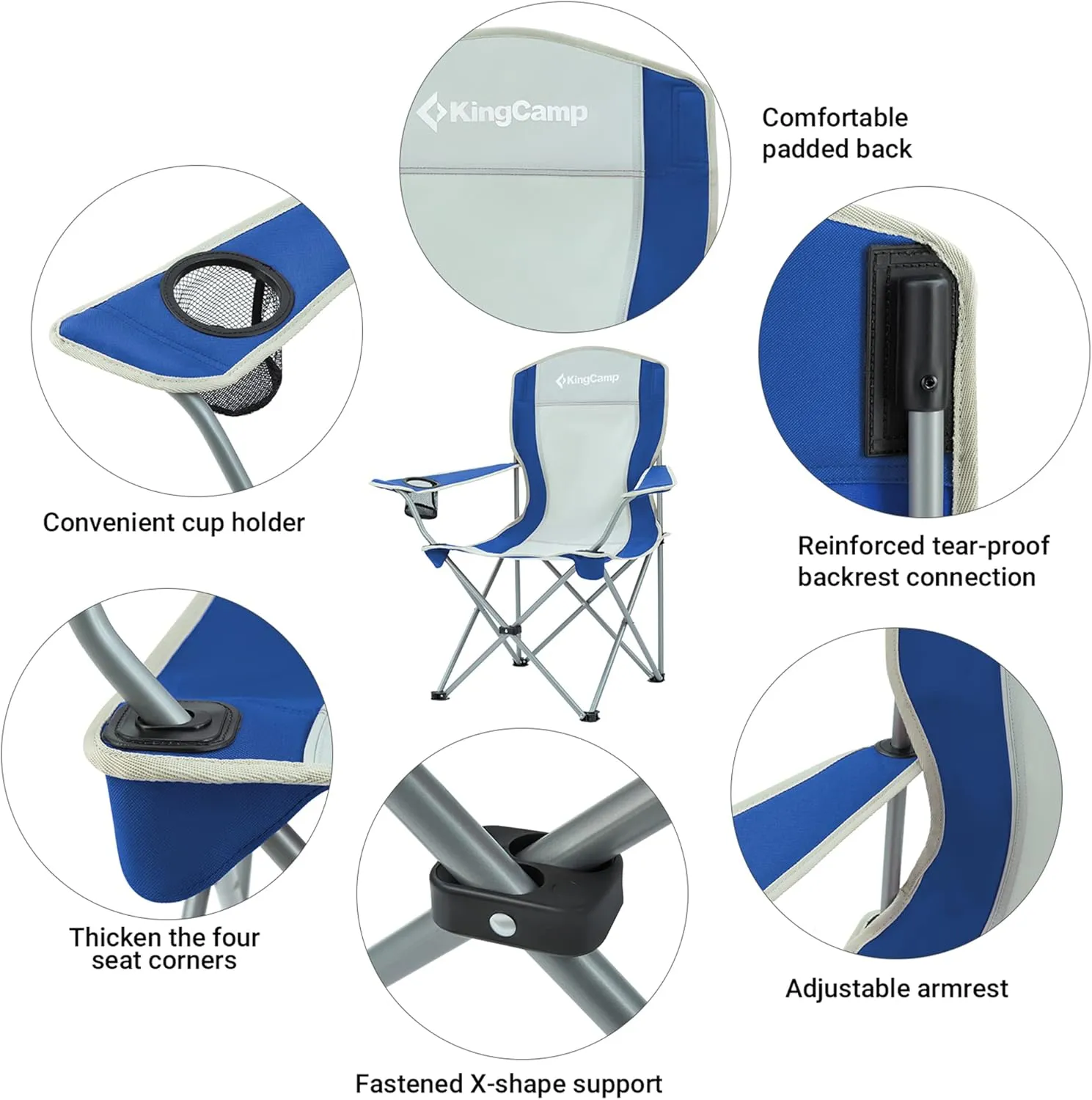 KingCamp Lightweight Folding Outdoor Lounge Chair with Cupholder and Adjustable Armrests for Camping, Sporting Events, or Tailgating, Blue/Grey