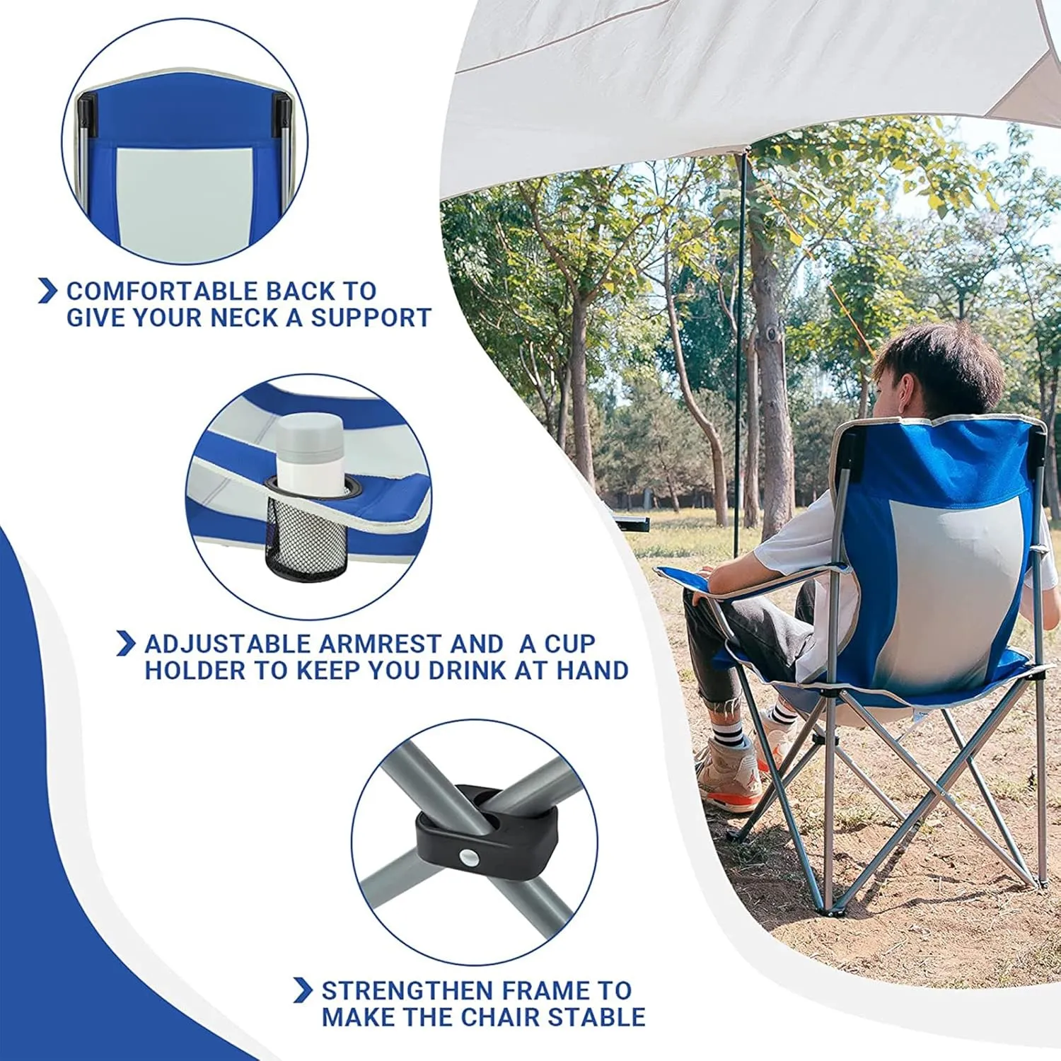 KingCamp Lightweight Folding Outdoor Lounge Chair with Cupholder and Adjustable Armrests for Camping, Sporting Events, or Tailgating, Blue/Grey