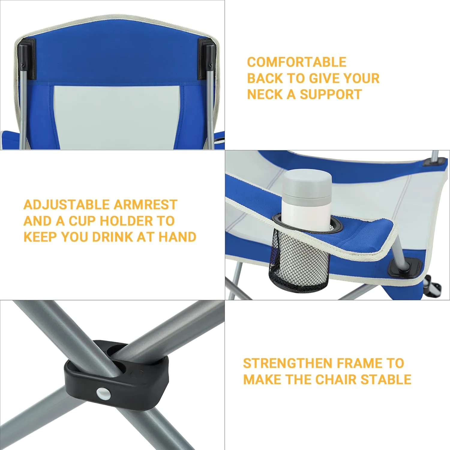 KingCamp Lightweight Folding Outdoor Lounge Chair with Cupholder and Adjustable Armrests for Camping, Sporting Events, or Tailgating, Blue/Grey