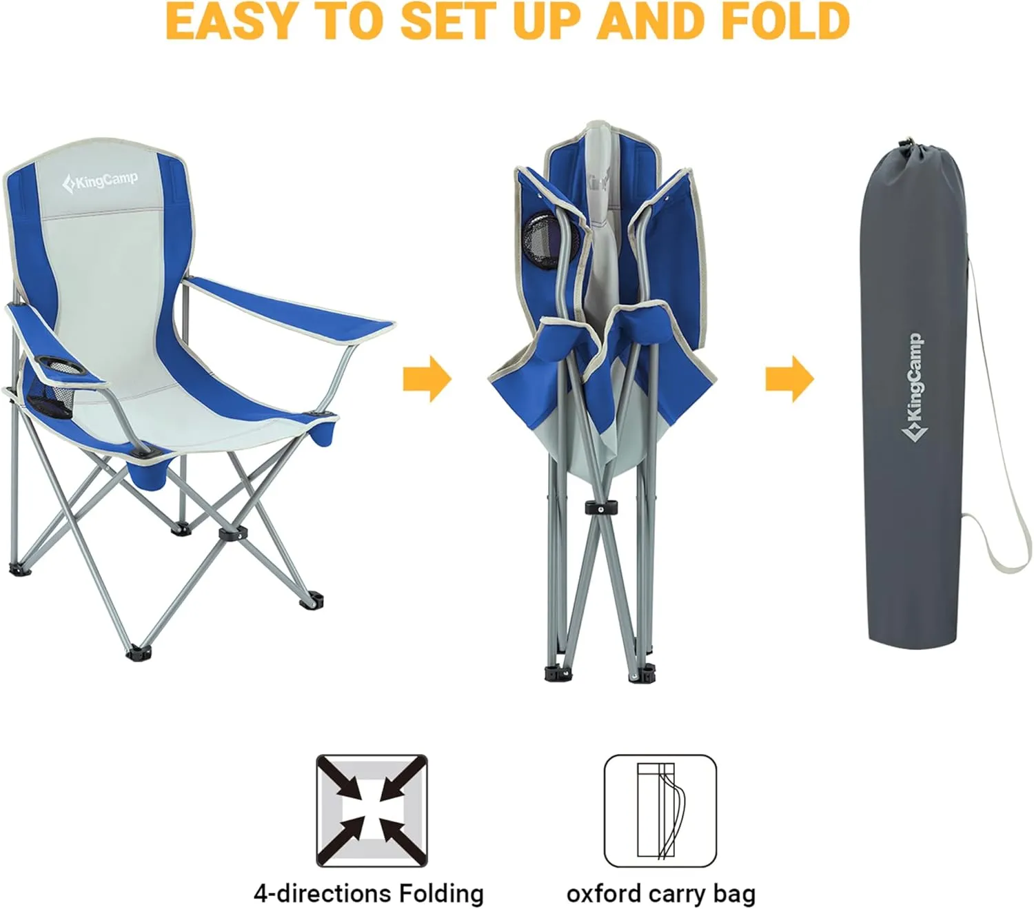 KingCamp Lightweight Folding Outdoor Lounge Chair with Cupholder and Adjustable Armrests for Camping, Sporting Events, or Tailgating, Blue/Grey