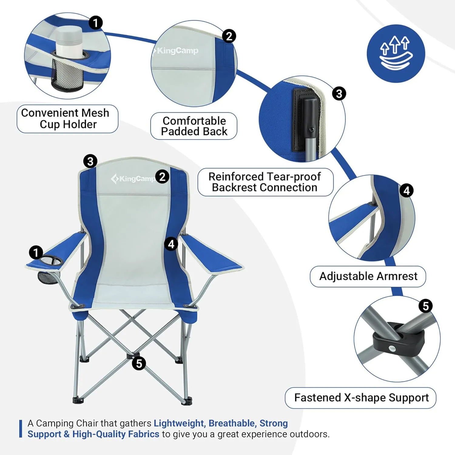 KingCamp Lightweight Folding Outdoor Lounge Chair with Cupholder and Adjustable Armrests for Camping, Sporting Events, or Tailgating, Blue/Grey