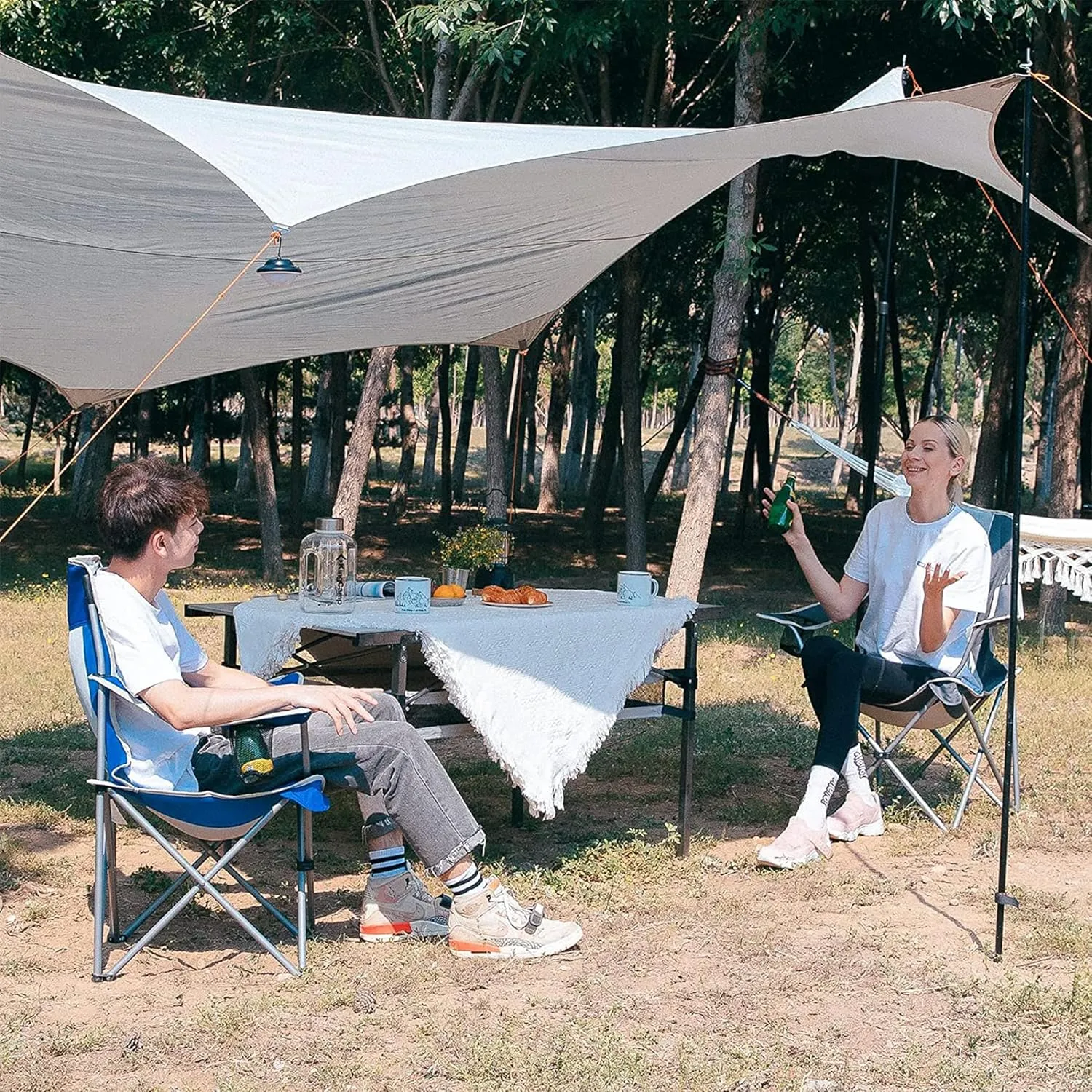 KingCamp Lightweight Folding Outdoor Lounge Chair with Cupholder and Adjustable Armrests for Camping, Sporting Events, or Tailgating, Blue/Grey