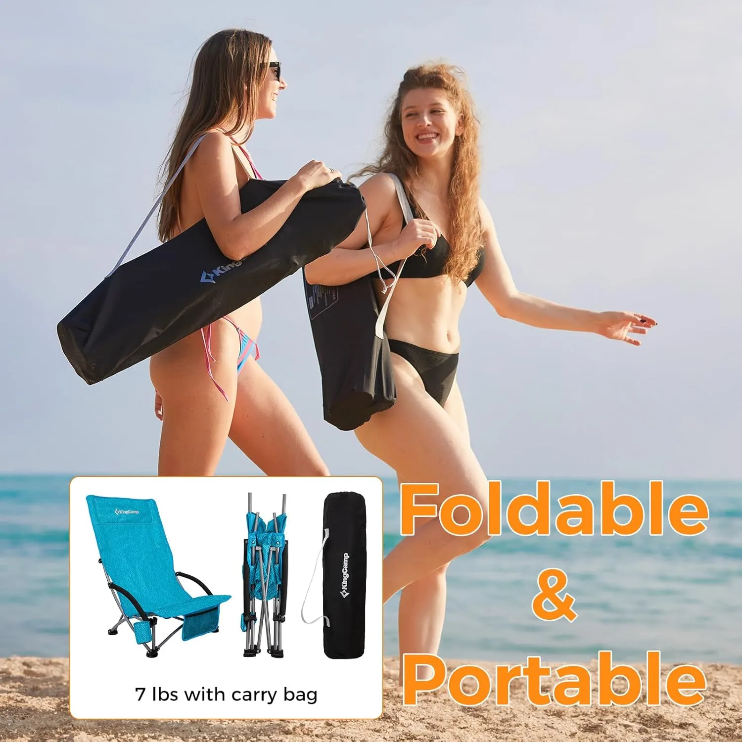 KingCamp Low Beach Chairs, Portable Folding Chair for Adults Extra Wide Ergonomic High Back Seat 300lbs Heavy Duty Lightweight Oversized Gear with Carry Bag for Outdoor Lawn Camping Picnic