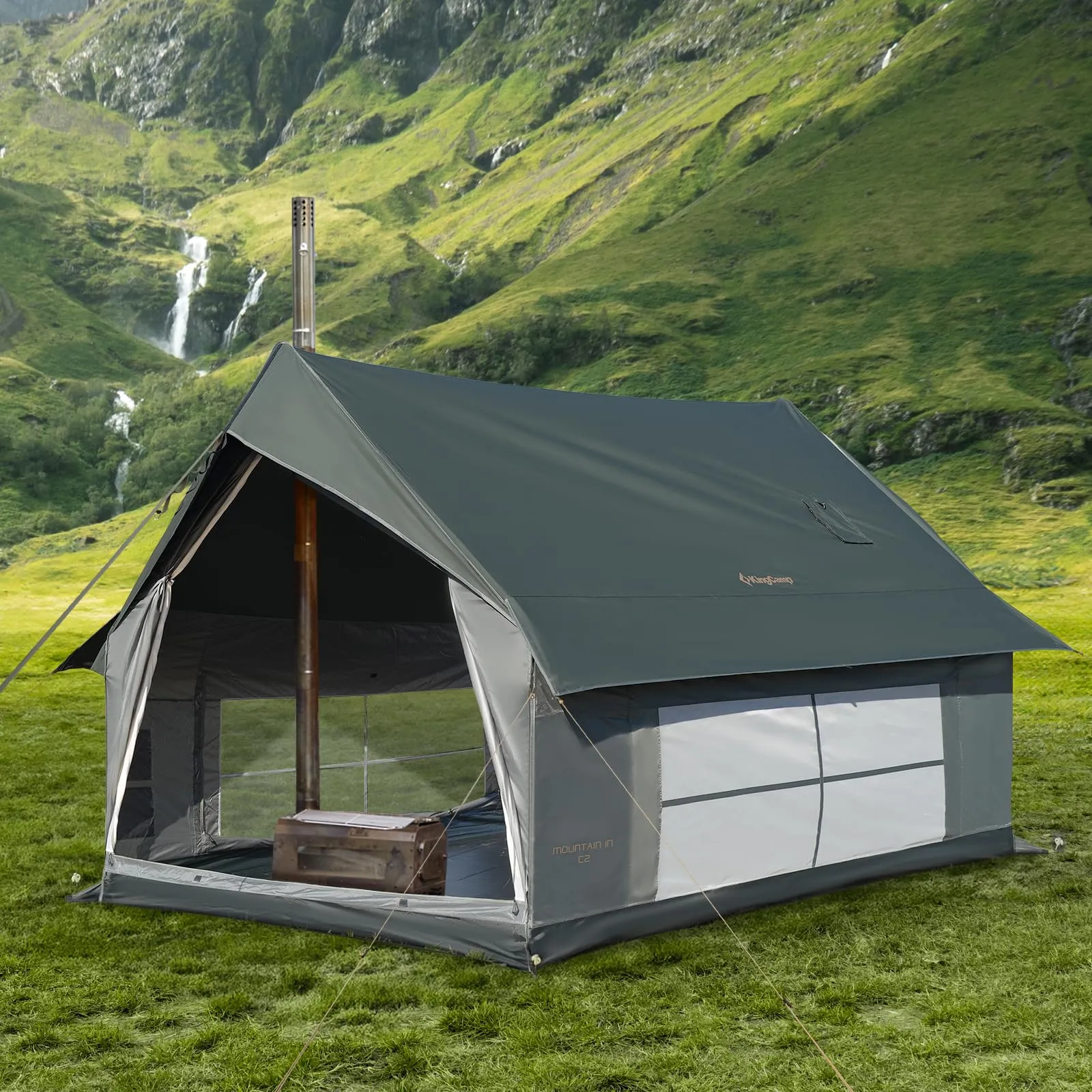 KingCamp MOUNTAIN IN C2 Canvas Cabin Tent with Stove Jack 8' x 11'