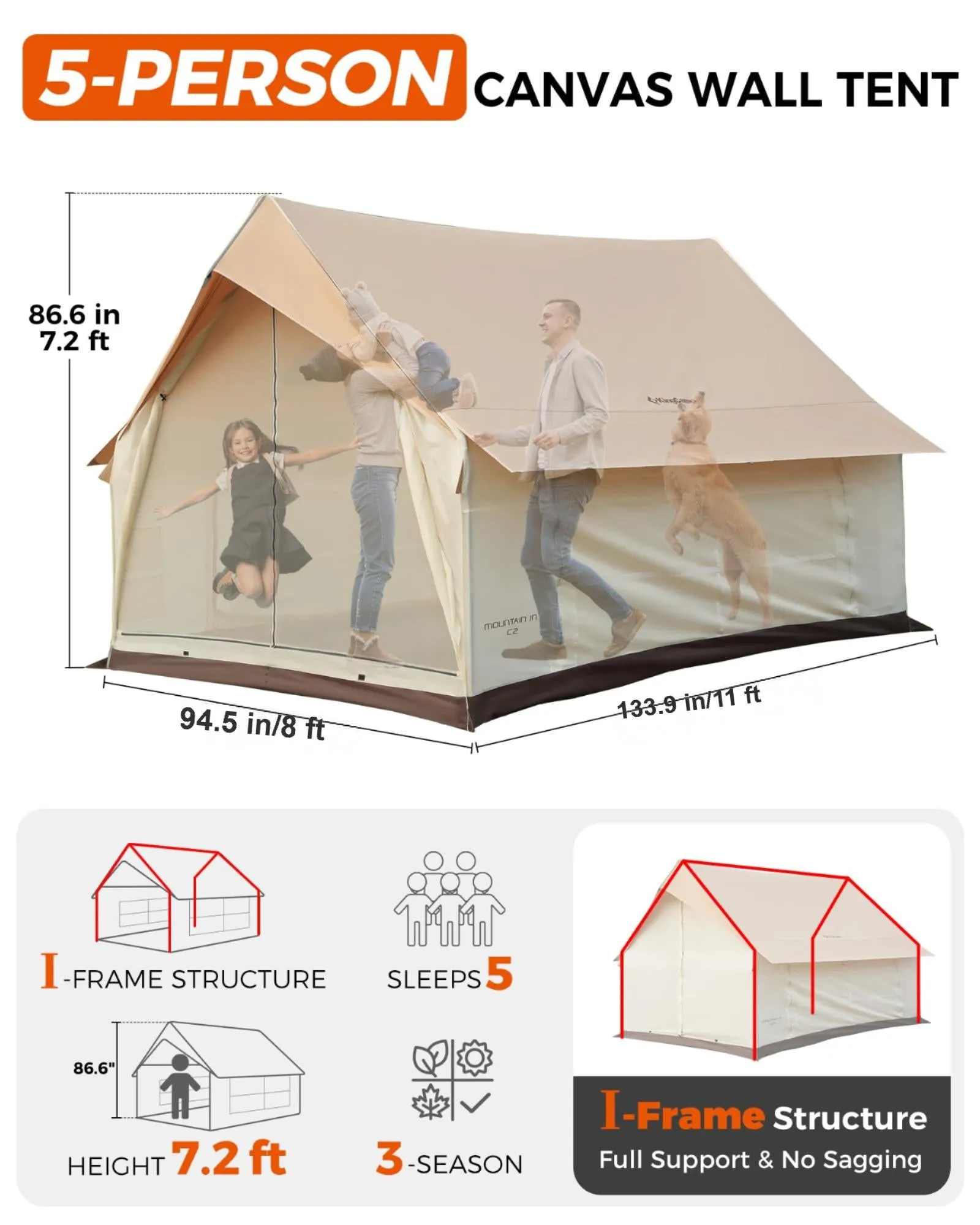 KingCamp MOUNTAIN IN C2 Canvas Cabin Tent with Stove Jack 8' x 11'