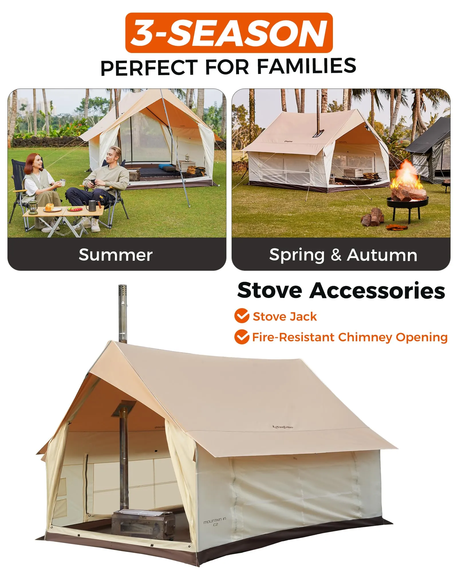 KingCamp MOUNTAIN IN C2 Canvas Cabin Tent with Stove Jack 8' x 11'