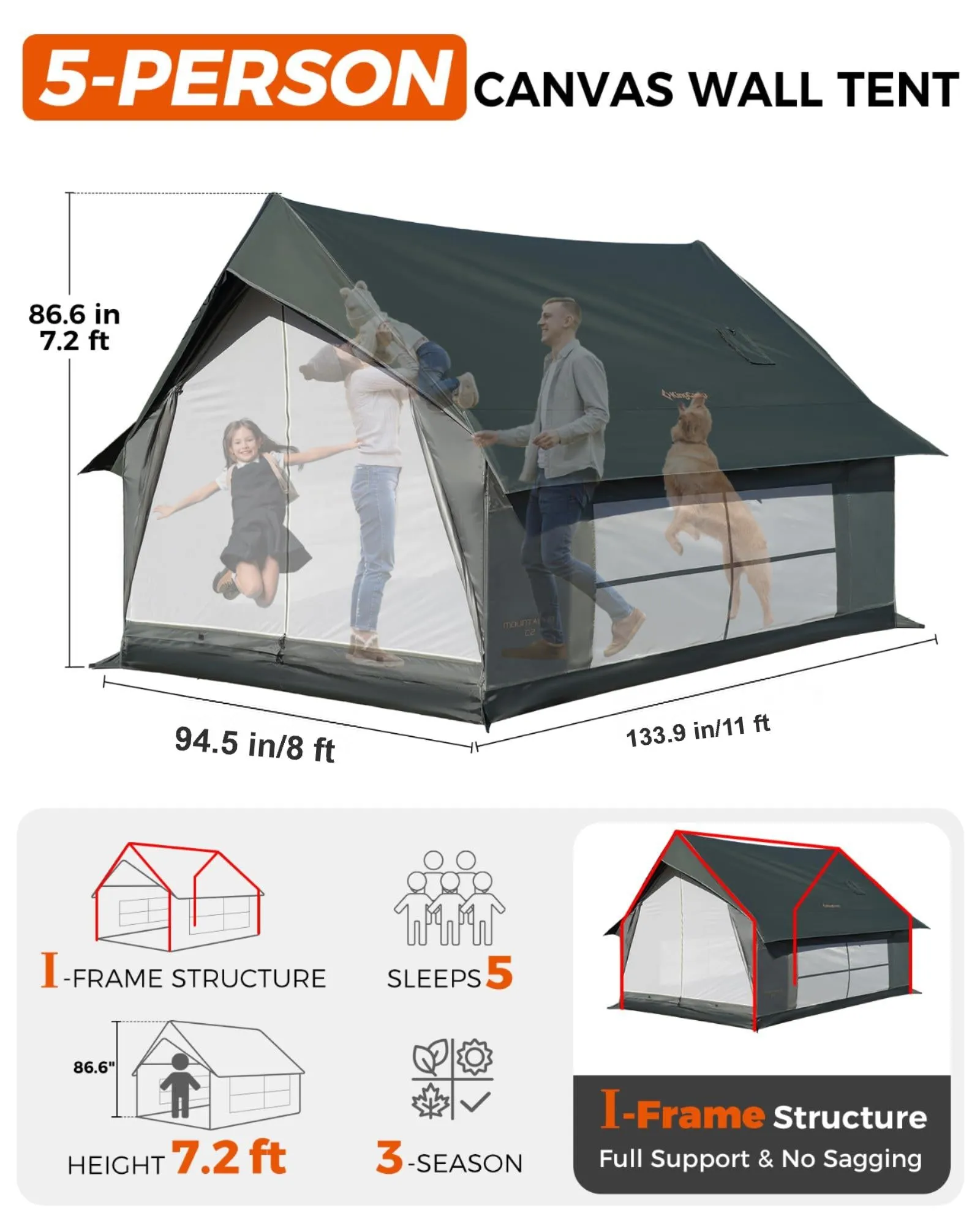 KingCamp MOUNTAIN IN C2 Canvas Cabin Tent with Stove Jack 8' x 11'