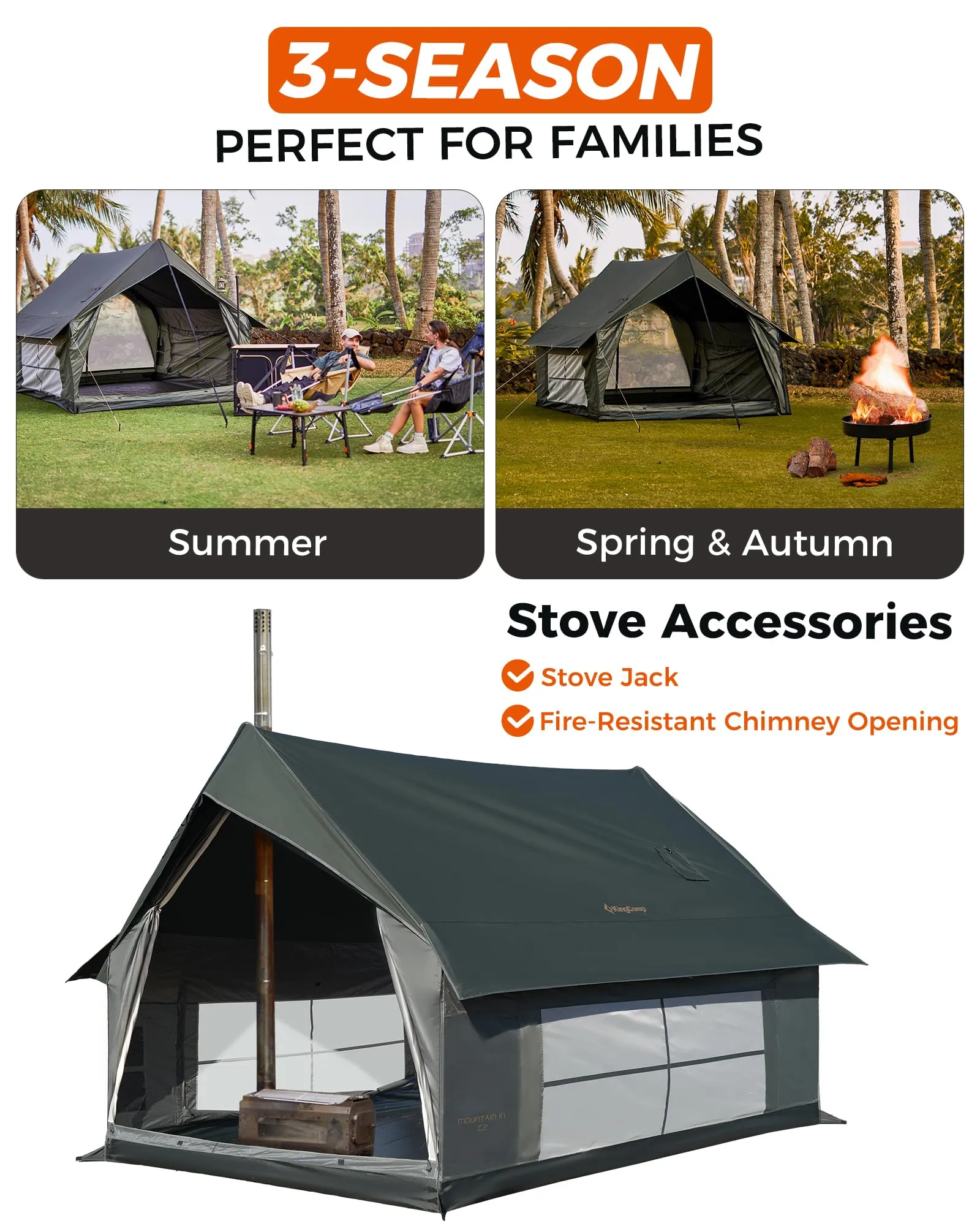 KingCamp MOUNTAIN IN C2 Canvas Cabin Tent with Stove Jack 8' x 11'