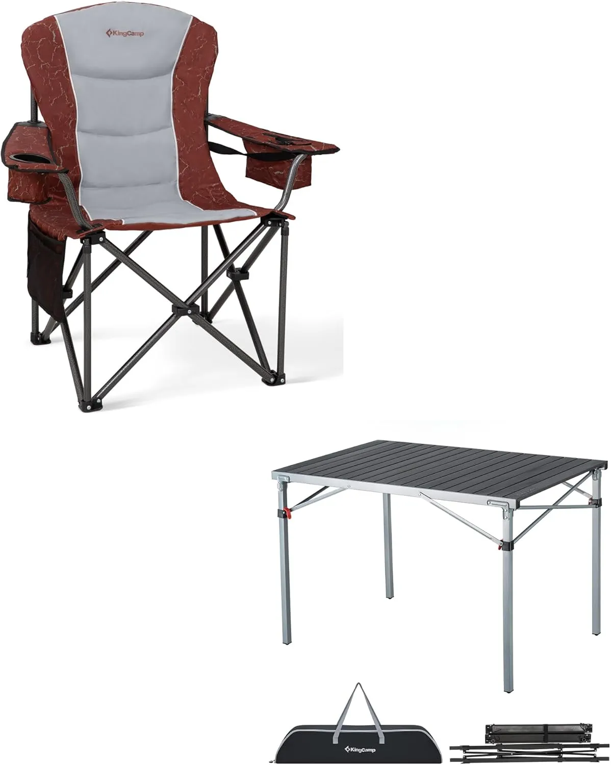 KingCamp Oversized Camping Folding Chair, Heavy Duty 450 LBS with Folding Camping Table, Aluminum Roll-Up Camp Table for 6-8 Person