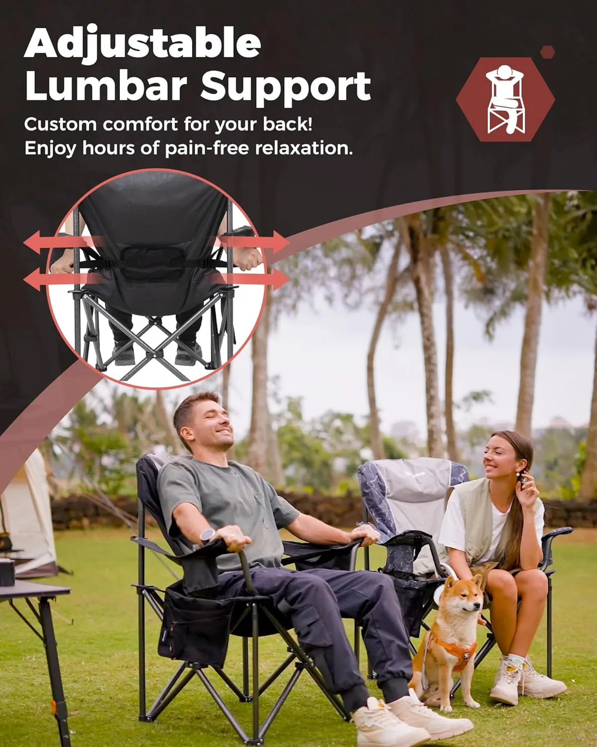 KingCamp Oversized Camping Folding Chair, Heavy Duty 450 LBS with Lumbar Support, Padded seat with Cup Holder&Cooler Bag, Ideal for Camp, Fishing, Sports Event, Backyard, Patio, Lawn(Lava Red)