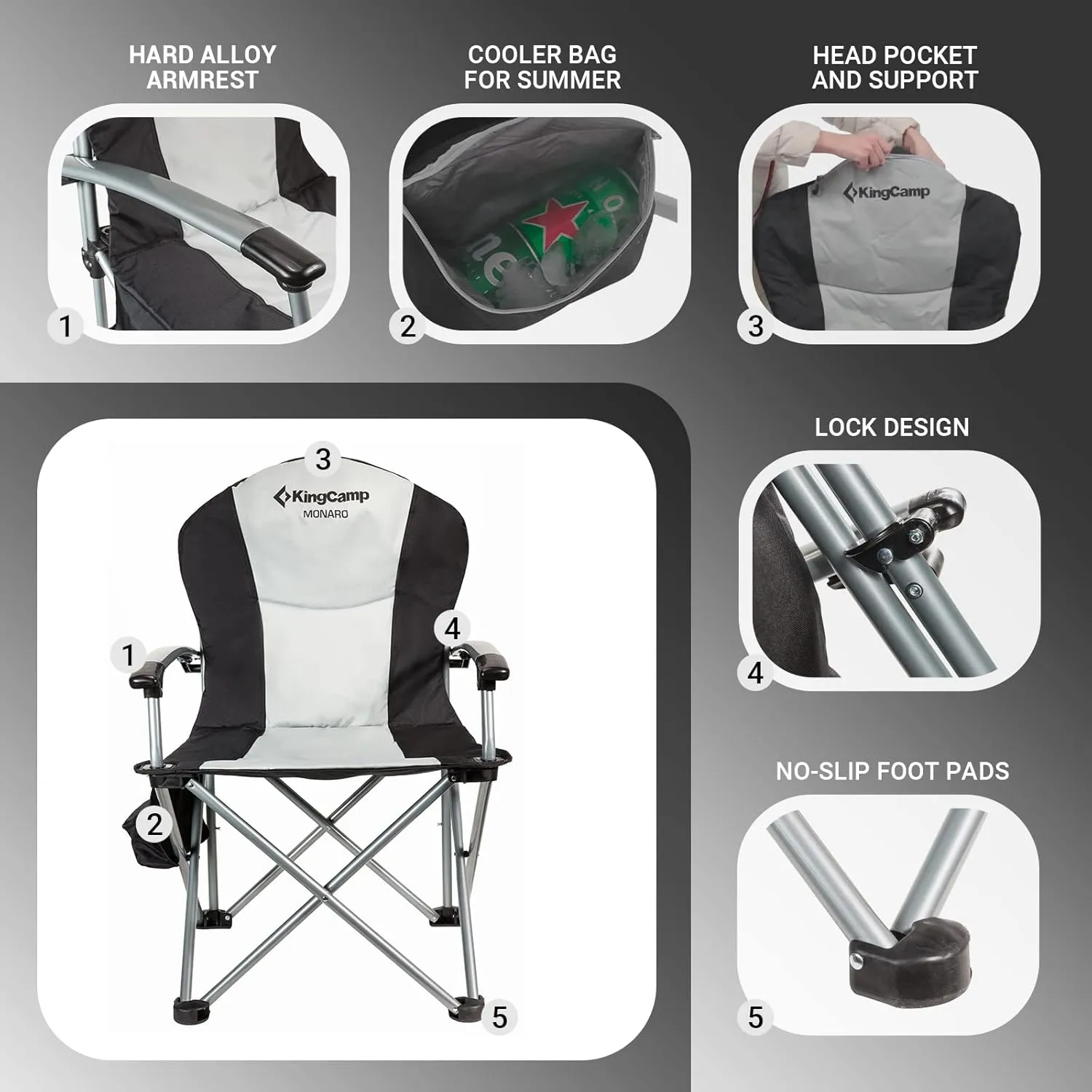 KingCamp Oversized Camping Folding Chair with Lumbar Support, Heavy Duty Ergonomic Padded Arm Chair with Cooler Bag, Cup Holder, Portable for Outdoor