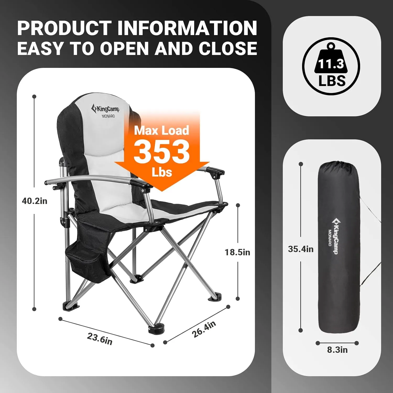KingCamp Oversized Camping Folding Chair with Lumbar Support, Heavy Duty Ergonomic Padded Arm Chair with Cooler Bag, Cup Holder, Portable for Outdoor