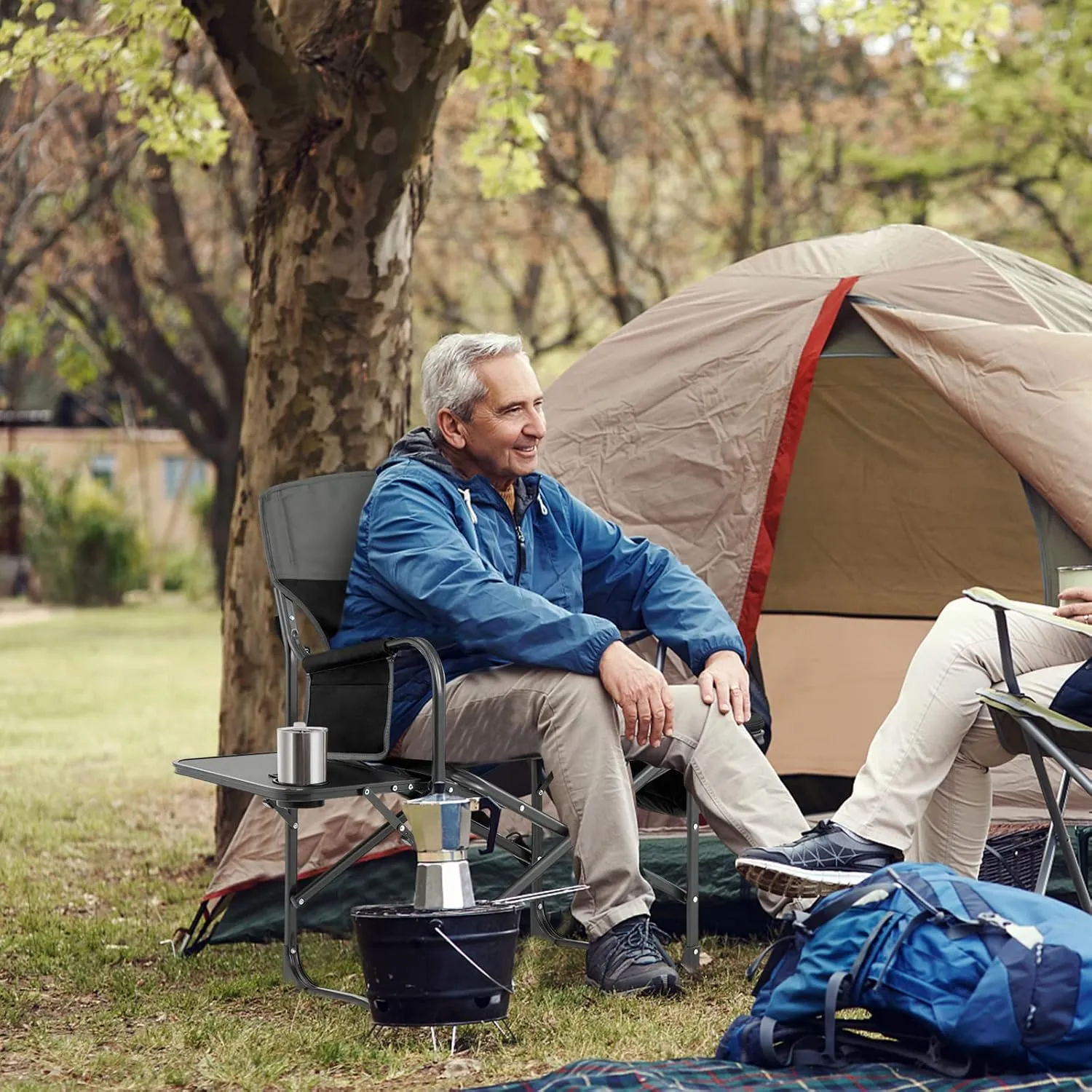 KOTEK Camping Directors Chair, Outdoor Folding Chair with Side Table, Cooler Bag & Storage Pocket, Supports 400 LBS, Portable Camp Chairs for Fishing, Picnic, Concert, Beach, Lawn, Patio (2, Black)