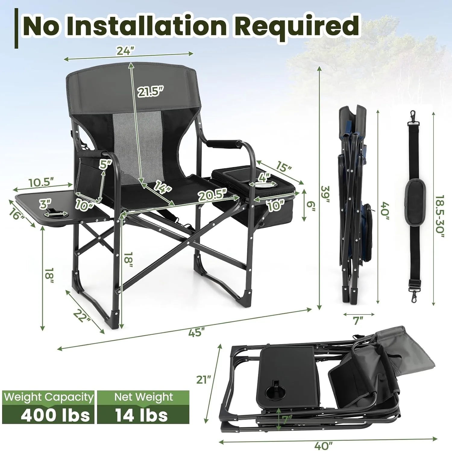 KOTEK Camping Directors Chair, Outdoor Folding Chair with Side Table, Cooler Bag & Storage Pocket, Supports 400 LBS, Portable Camp Chairs for Fishing, Picnic, Concert, Beach, Lawn, Patio (2, Black)