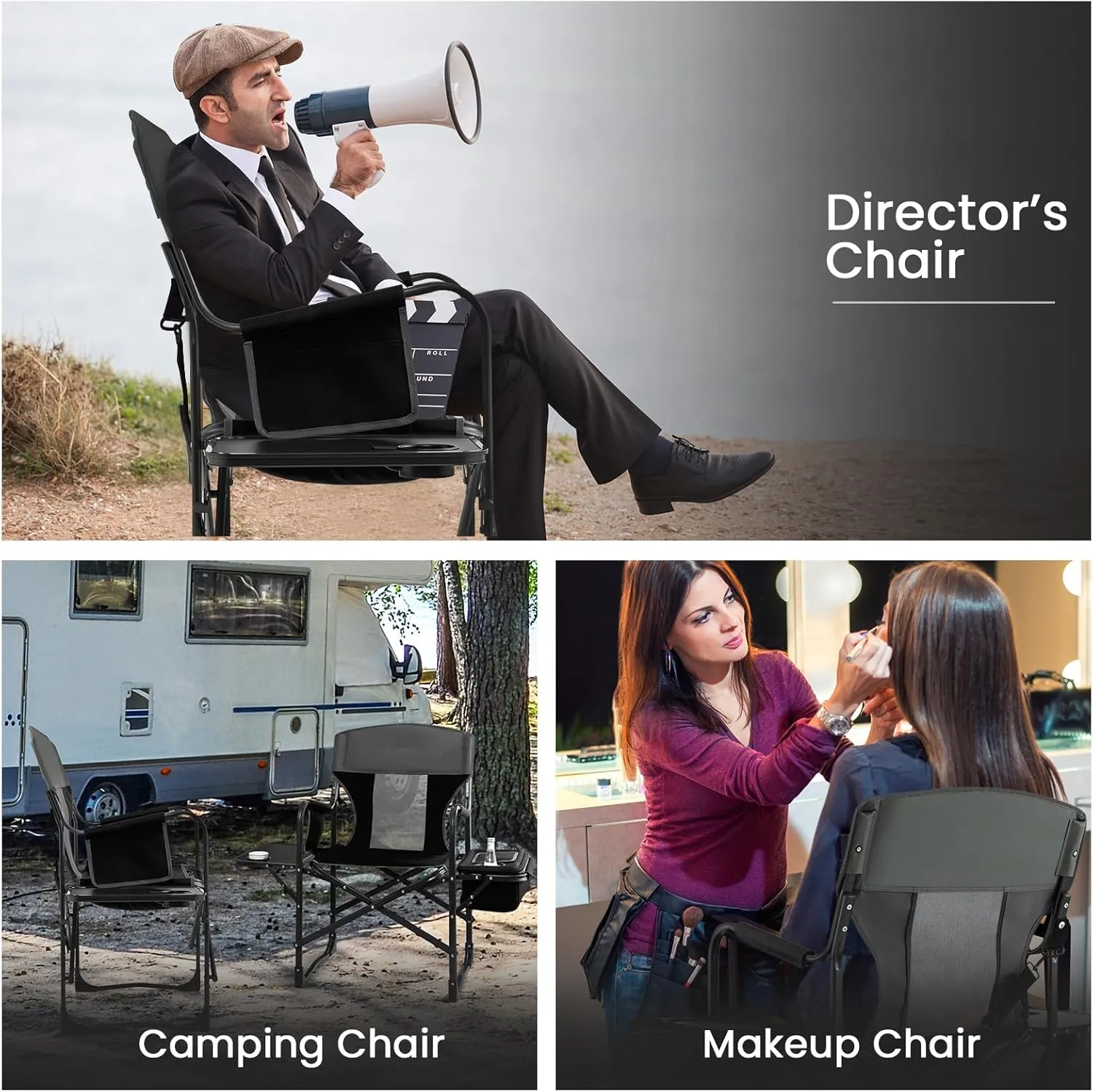 KOTEK Camping Directors Chair, Outdoor Folding Chair with Side Table, Cooler Bag & Storage Pocket, Supports 400 LBS, Portable Camp Chairs for Fishing, Picnic, Concert, Beach, Lawn, Patio (2, Black)