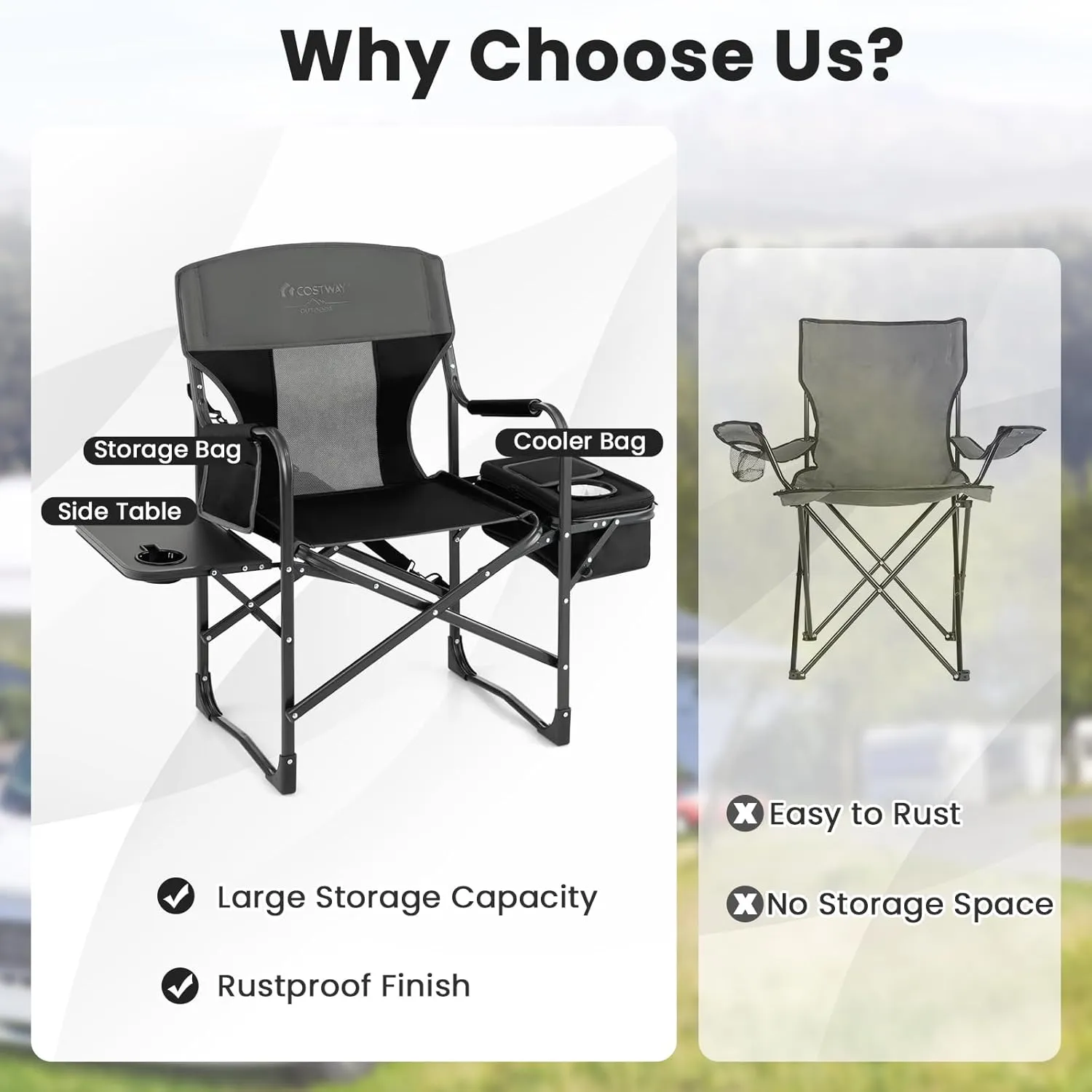 KOTEK Camping Directors Chair, Outdoor Folding Chair with Side Table, Cooler Bag & Storage Pocket, Supports 400 LBS, Portable Camp Chairs for Fishing, Picnic, Concert, Beach, Lawn, Patio (2, Black)