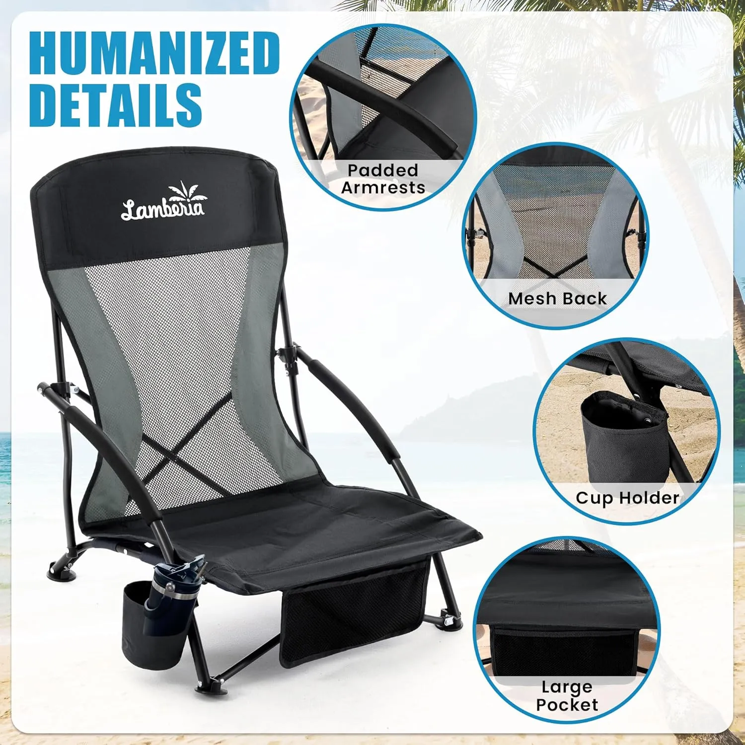 Lamberia Folding Beach Chair for Adults 2 Pack, Portable Low Beach Chairs with 300lbs Capacity, Lightweight Fodable Camping Chair for Travel, Picnic, Concert & Outdoor Activities, Black-Grey