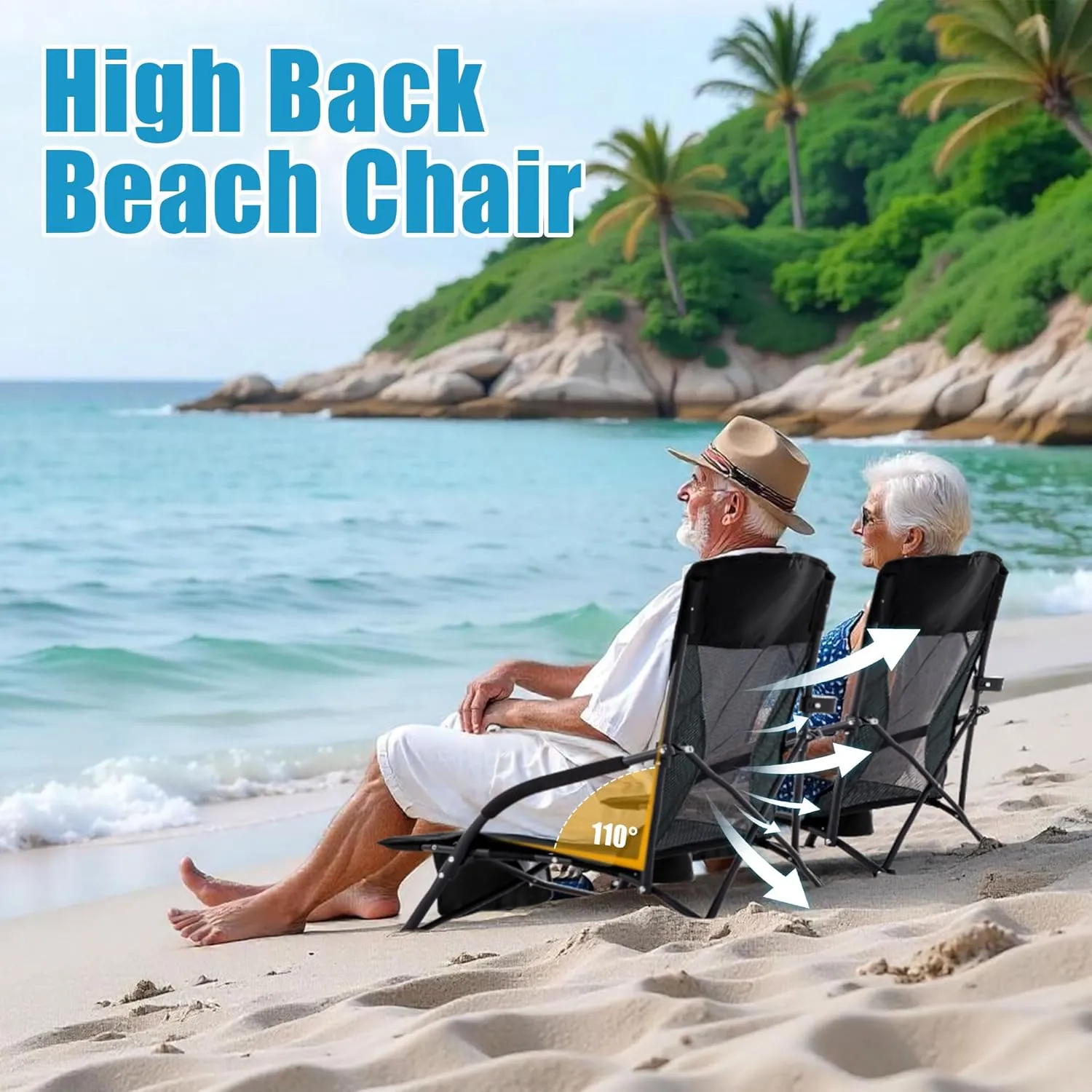 Lamberia Folding Beach Chair for Adults 2 Pack, Portable Low Beach Chairs with 300lbs Capacity, Lightweight Fodable Camping Chair for Travel, Picnic, Concert & Outdoor Activities, Black-Grey