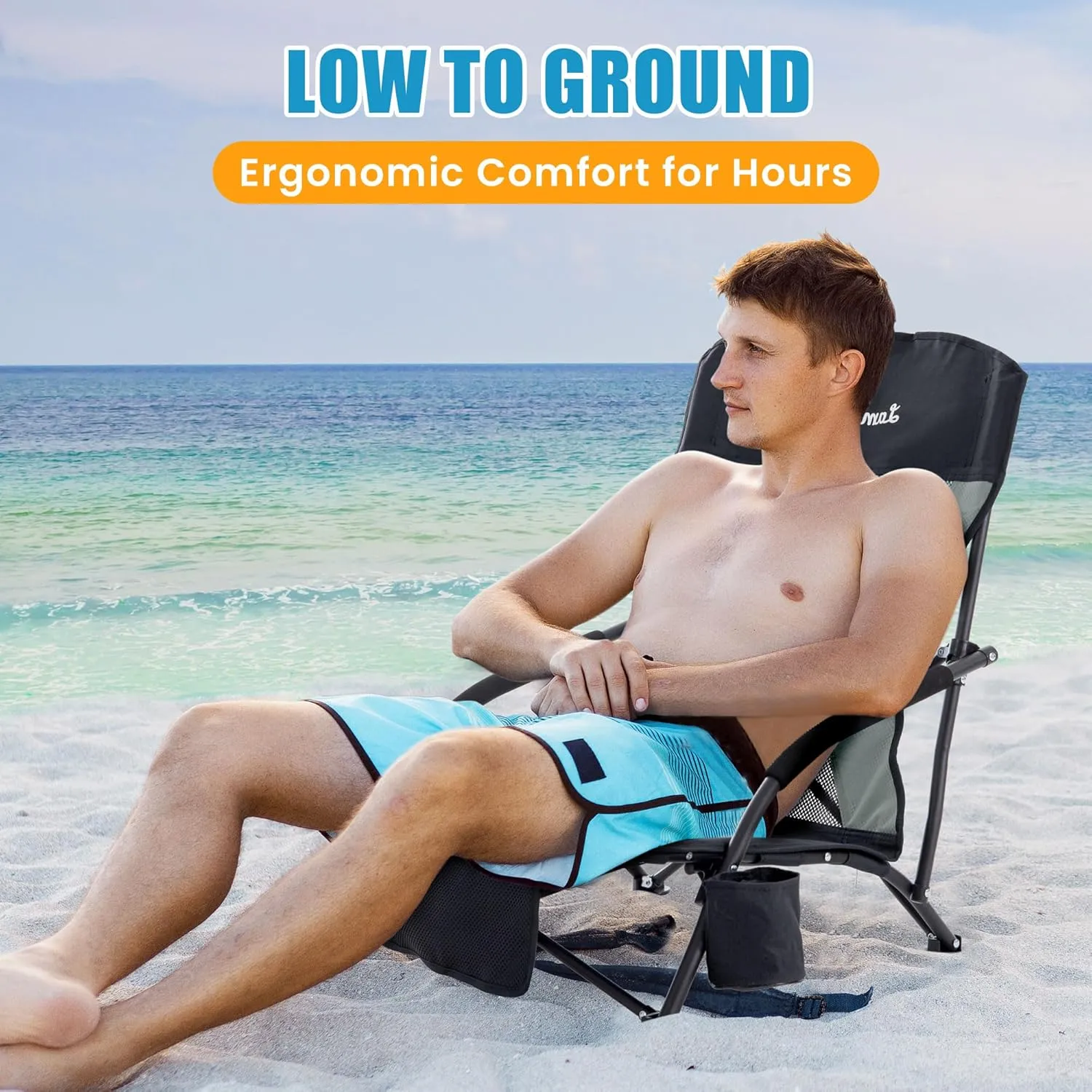Lamberia Folding Beach Chair for Adults 2 Pack, Portable Low Beach Chairs with 300lbs Capacity, Lightweight Fodable Camping Chair for Travel, Picnic, Concert & Outdoor Activities, Black-Grey