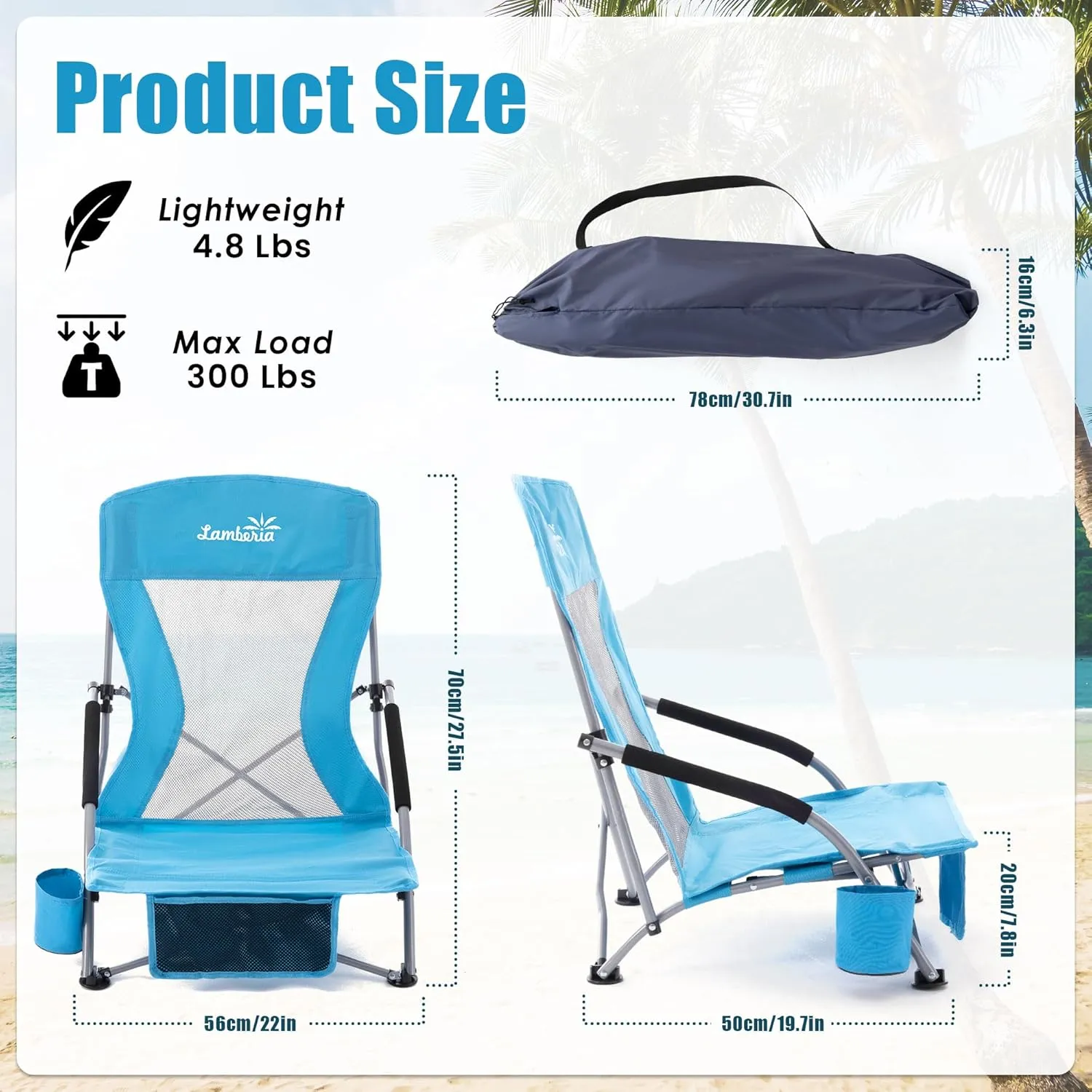 Lamberia Folding Beach Chair for Adults 2 Pack, Portable Low Beach Chairs with 300lbs Capacity, Lightweight Fodable Camping Chair for Travel, Picnic, Concert & Outdoor Activities, Blue
