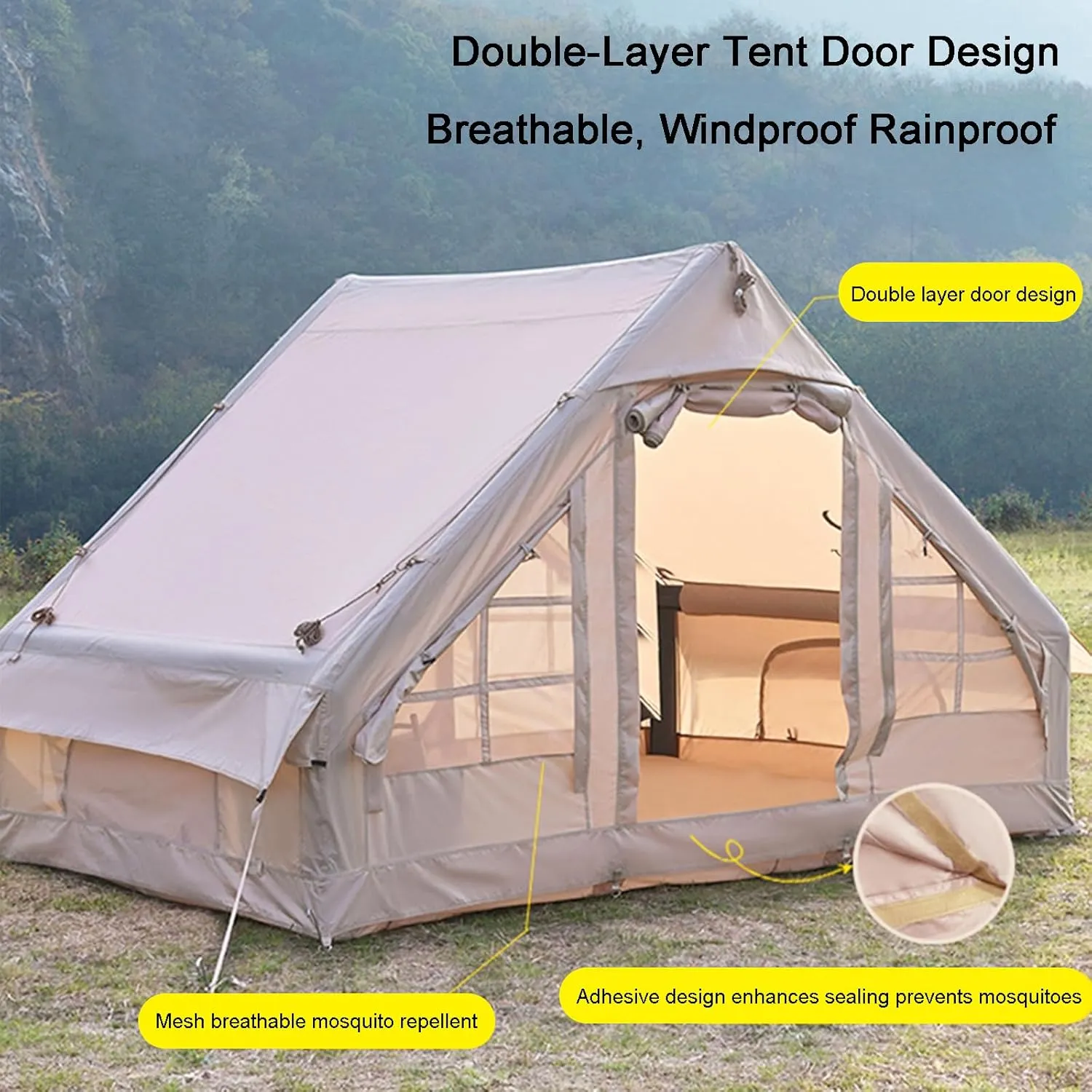 Large Air Tent 4 Season Inflatable Tent for Camping,5-6 Person Outdoor Camping Cabin Tents with Stove Jack Mesh Windows,Easy Setup Waterproof Oxford Tents