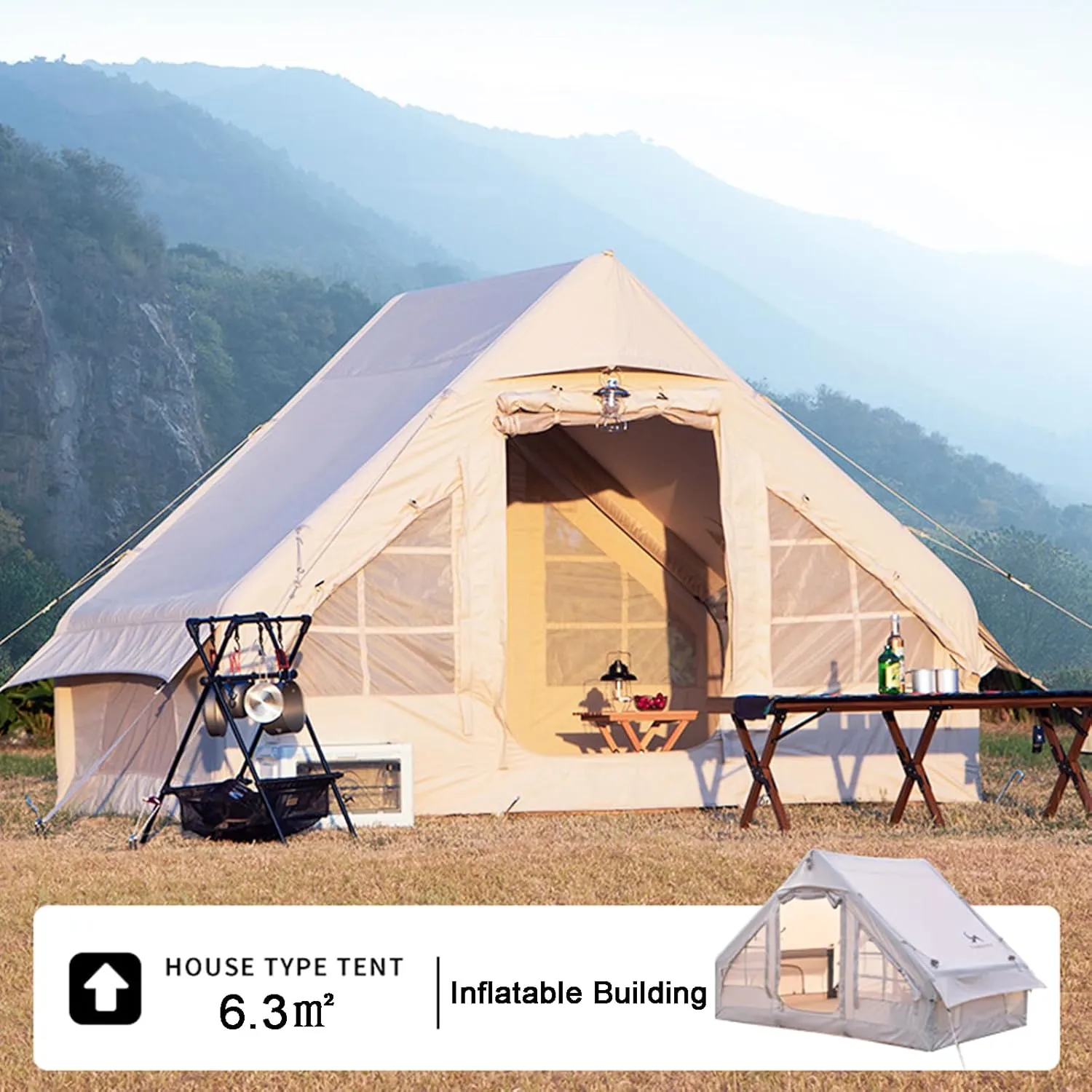 Large Air Tent 4 Season Inflatable Tent for Camping,5-6 Person Outdoor Camping Cabin Tents with Stove Jack Mesh Windows,Easy Setup Waterproof Oxford Tents