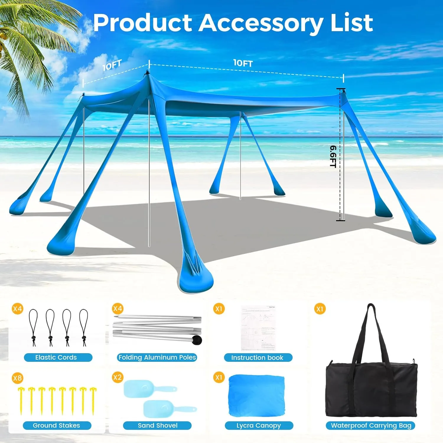 Large Beach Tent Canopy Pop Up Shade 10x10ft Sun Shelter Portable with UPF50  UV Protection 8 Sandbags 4 Aluminum Poles 2 Sand Shovel Ground Pegs Carrying Bag for Outdoor Camping Fishing Yard Picnics